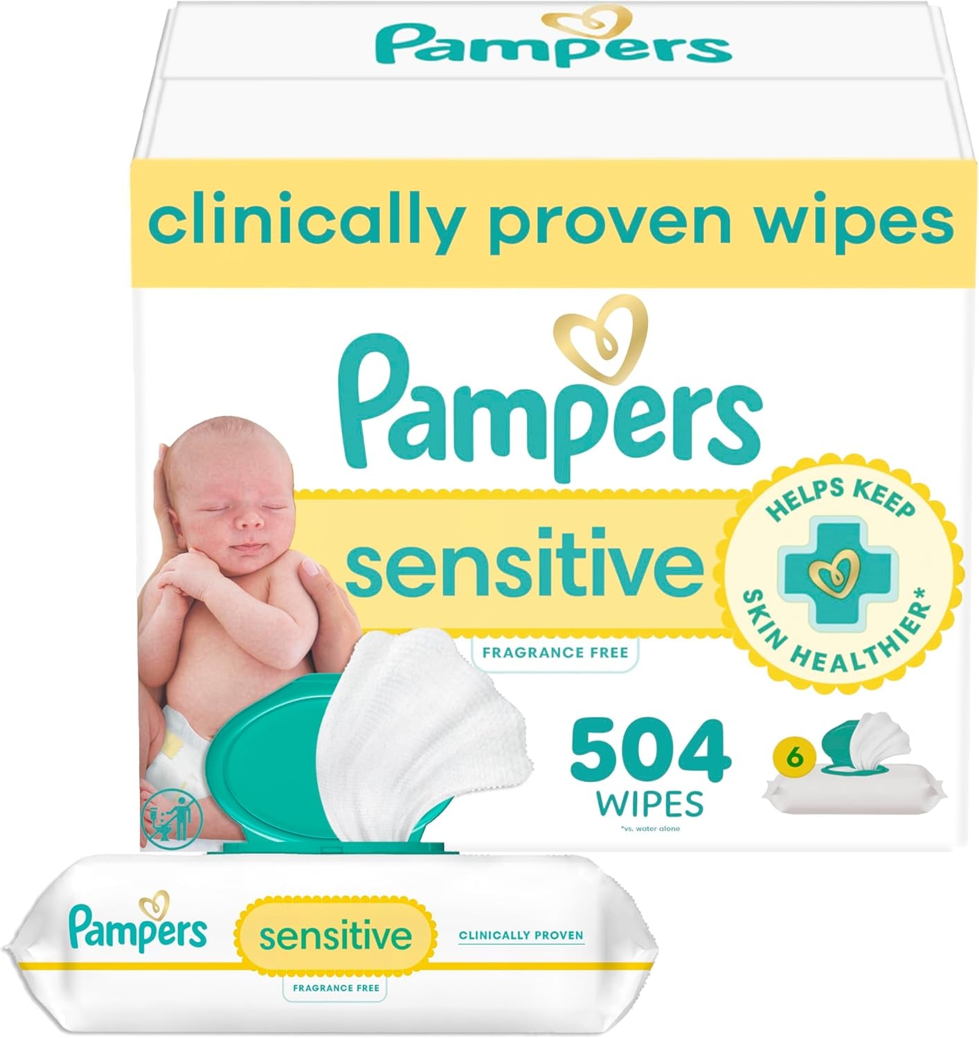 Pampers Sensitive Baby Wipes, Clinically Proven, Fragrance Free, Unscented, Water Based, Hypoallergenic, Multi-Use, Hand Wipes 1008 Wipes Total (18X Flip-Top Packs) [Packaging May Vary]