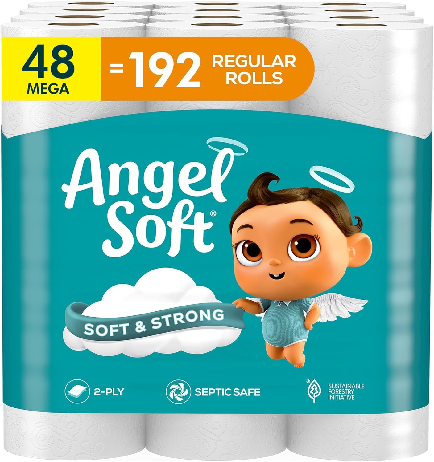 Angel Soft Toilet Paper, 12 Mega Rolls = 48 Regular Rolls, Soft and Strong Toilet Tissue