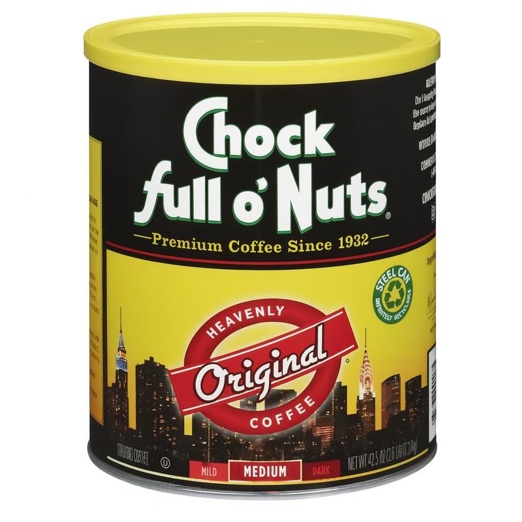 Chock Full O' Nuts Heavenly Original Ground Coffee – Premium Beans in Recyclable Steel Can – Rich Flavor & Aroma, Medium Roast – Perfect for Drip, Pour-Over, Percolator – 42.5 Oz Can