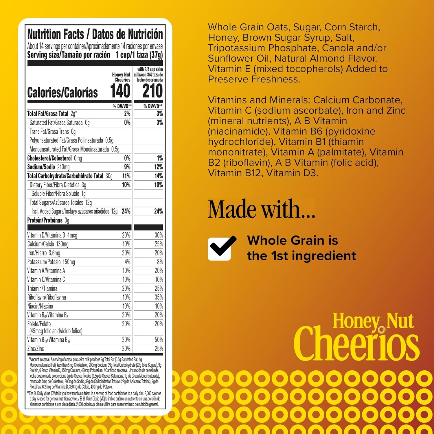 Honey Nut Cheerios, Heart Healthy Gluten Free Breakfast Cereal with Whole Grain Oats, Family Size, 18.8 Oz