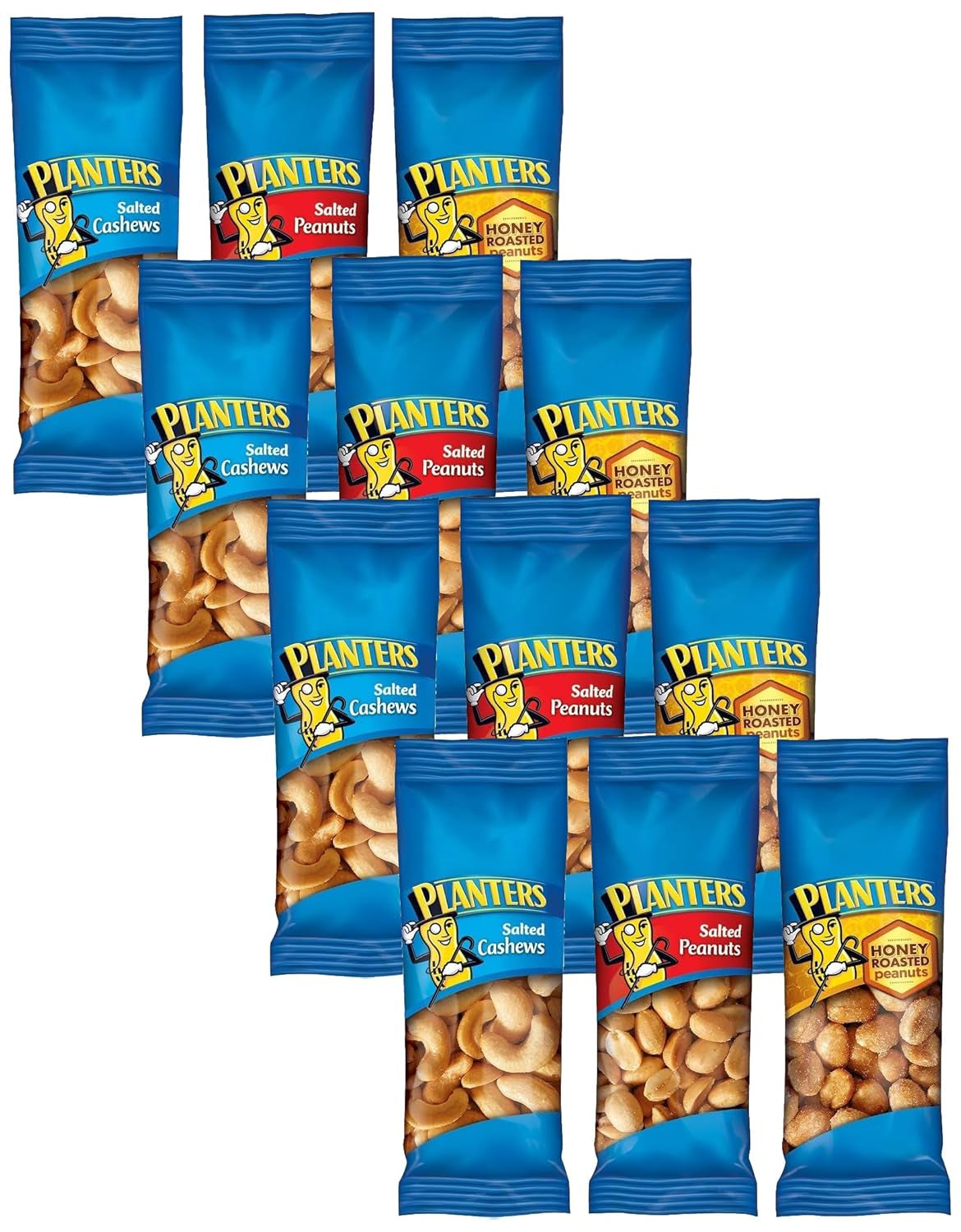 PLANTERS Variety Pack, Salted Cashews, Salted Peanuts & Honey Roasted Peanuts, On-The-Go Nut Snacks, Individually Packed Snacks, 8 -13G (12% - 13% DV) Plant-Based Protein (36 Count)