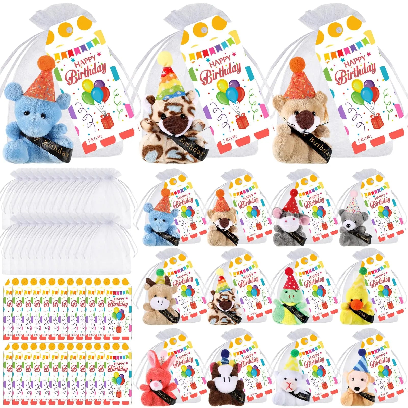 12/24 Sets Birthday Mini Plush Animals with Hats, Back to School Classroom Birthday Party Favors, Cute Stuffed Animal Goodie Bag Stuffers, Student Celebration Gifts, Classroom Rewards and School Party Supplies for Students, Friends and Teachers