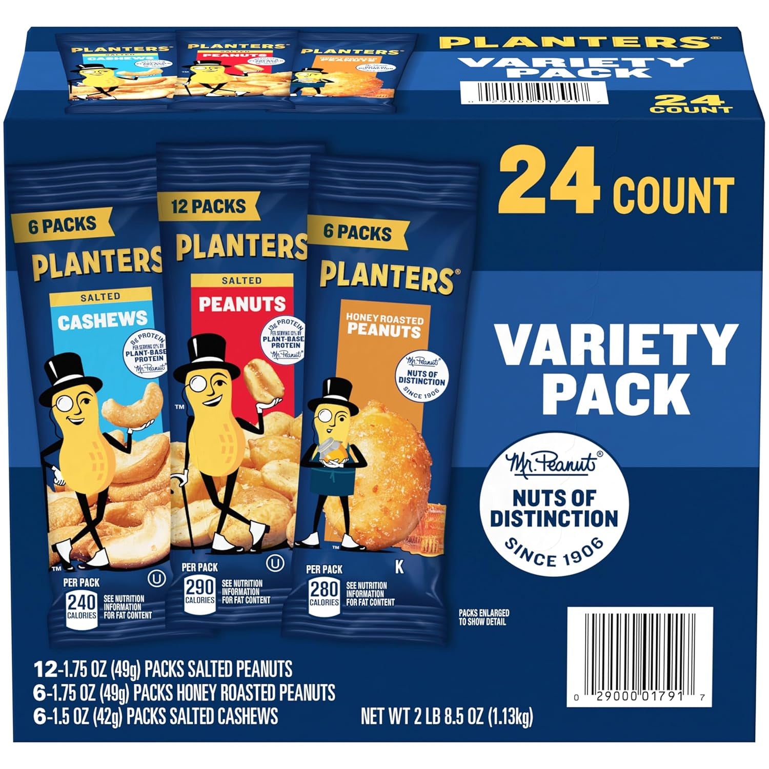 PLANTERS Variety Pack, Salted Cashews, Salted Peanuts & Honey Roasted Peanuts, On-The-Go Nut Snacks, Individually Packed Snacks, 8 -13G (12% - 13% DV) Plant-Based Protein (36 Count)