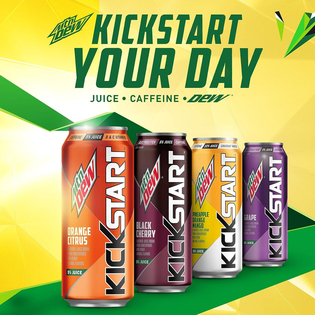 Mountain Dew Kickstart, Orange Citrus, 92Mg Caffeine, Vitamins B & C, 80 Calories, 5% Juice, 16 Fl Oz (Pack of 12)