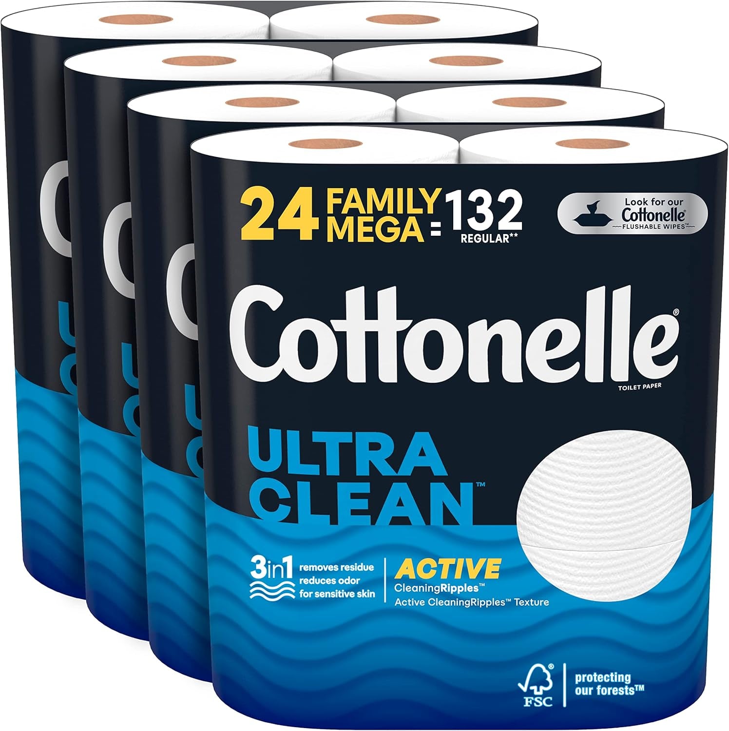 Cottonelle Ultra Clean Toilet Paper with Active Cleaningripples Texture, Strong Bath Tissue, 32 Family Mega Rolls = 176 Regular Rolls (8 Packs of 4)