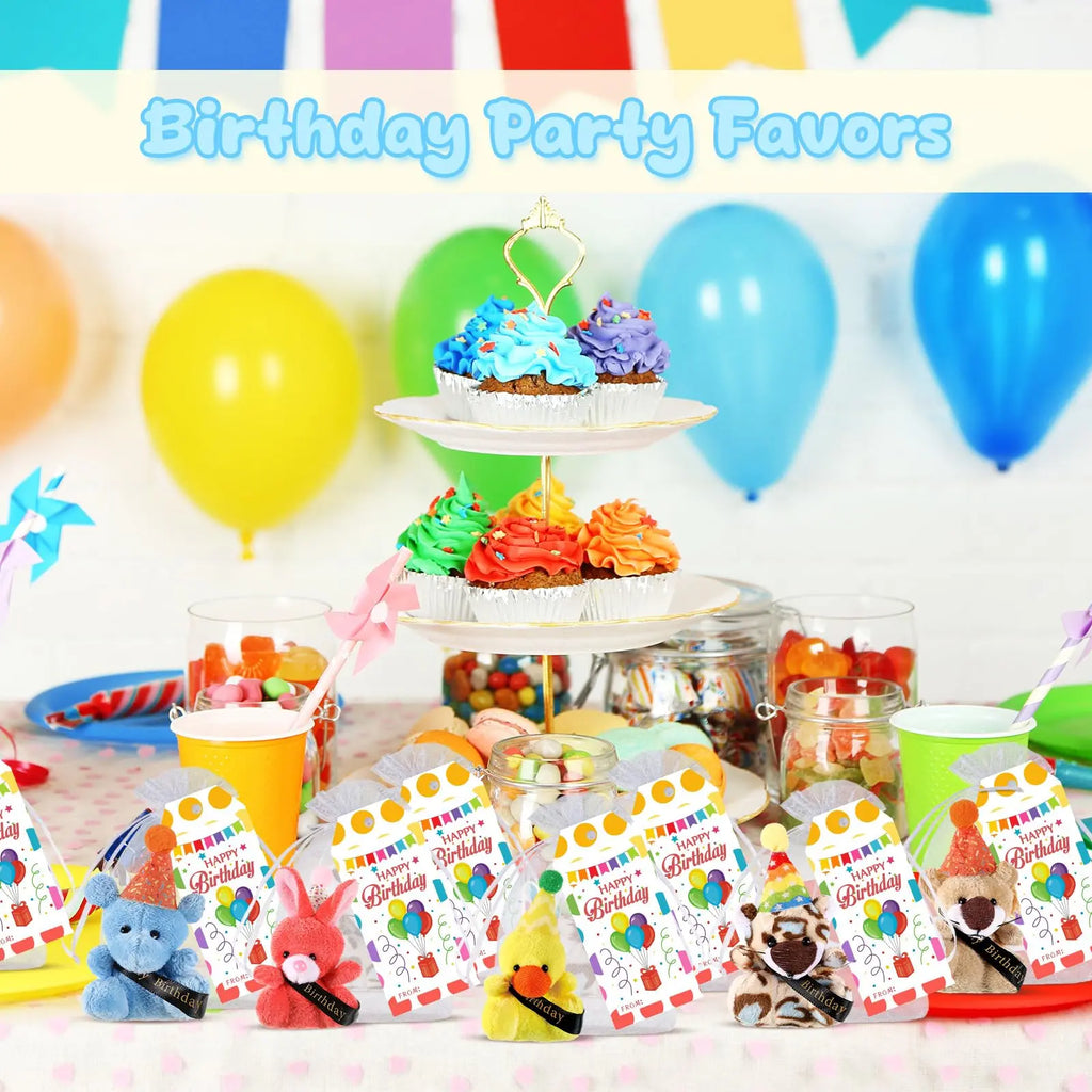 12/24 Sets Birthday Mini Plush Animals with Hats, Back to School Classroom Birthday Party Favors, Cute Stuffed Animal Goodie Bag Stuffers, Student Celebration Gifts, Classroom Rewards and School Party Supplies for Students, Friends and Teachers