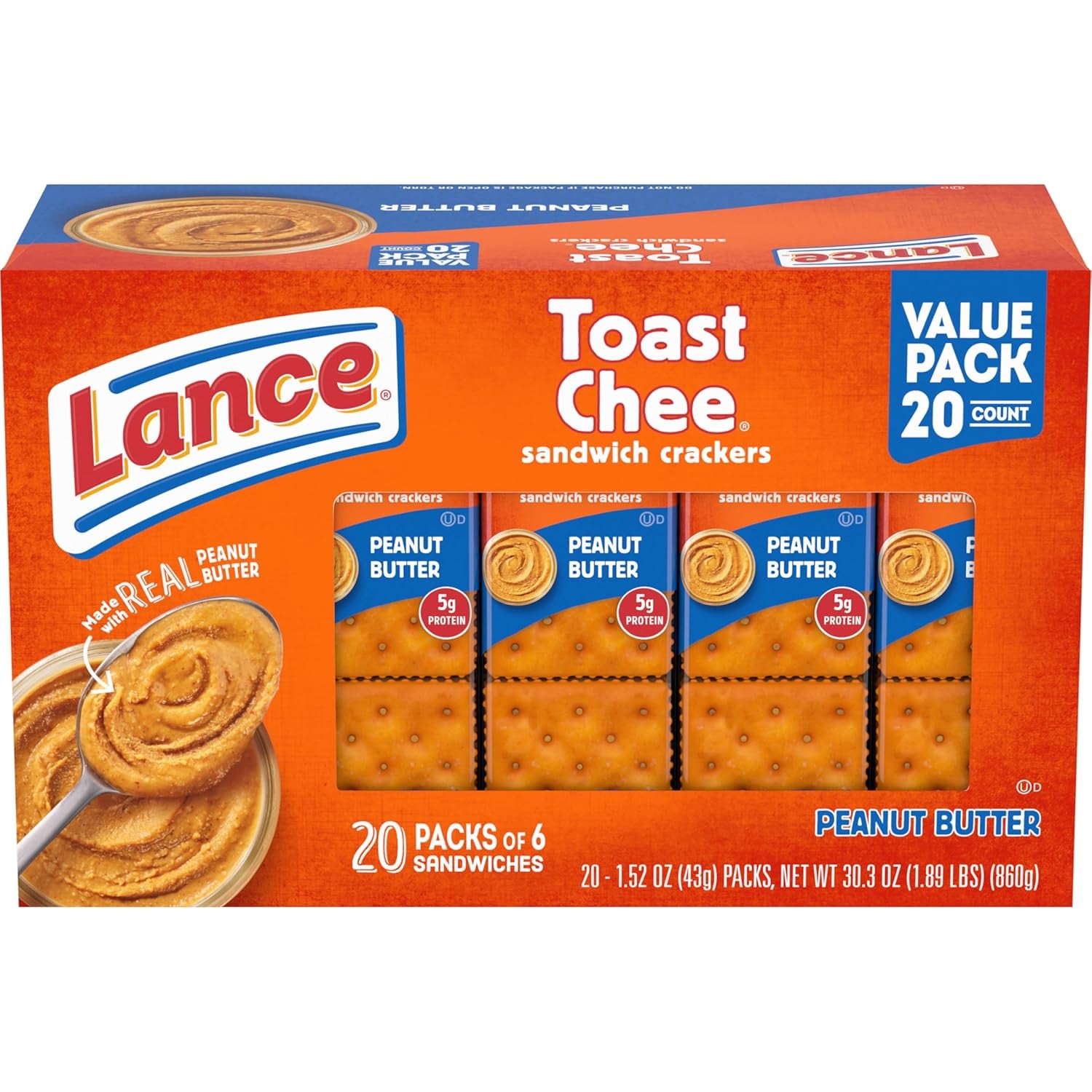 Lance Sandwich Crackers, Toastchee Peanut Butter, 20 Individually Wrapped Packs, 6 Sandwiches Each