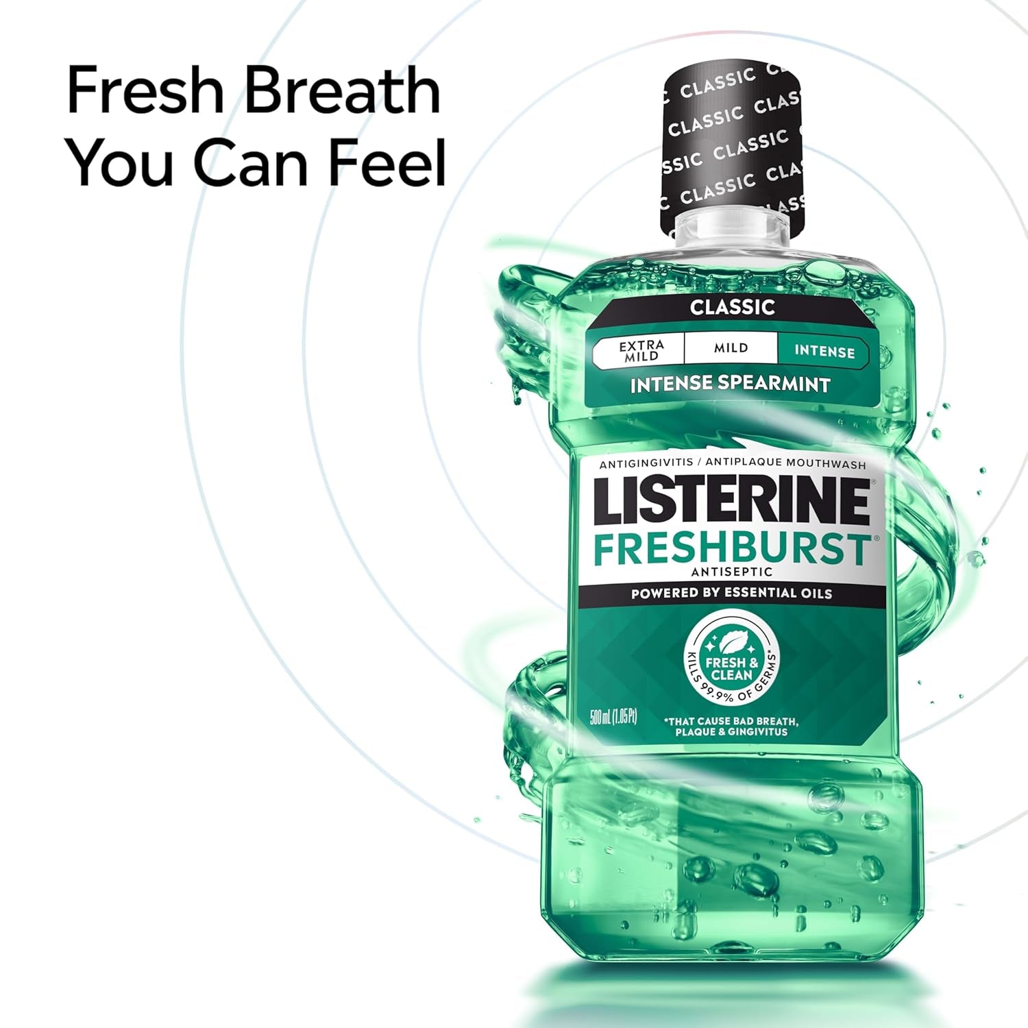 Listerine Freshburst Intense Antiseptic Mouthwash for Bad Breath, Kills 99.9% of Germs That Cause Bad Breath & Fight Plaque & Gingivitis, ADA Accepted Mouthwash, Convenience Pack, 2 X 1 L