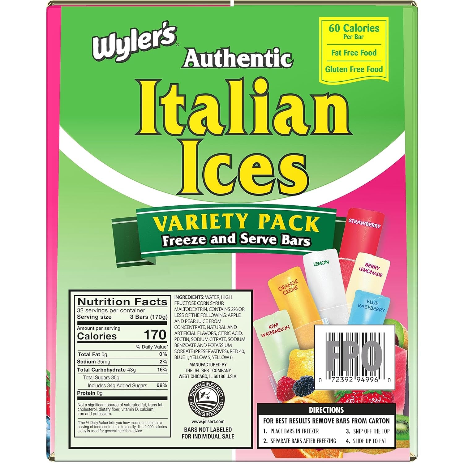 Wyler'S Authentic Italian Ice, Fat Free Freezer Bars, Assorted Flavors (96Ct - 2Oz Bars)