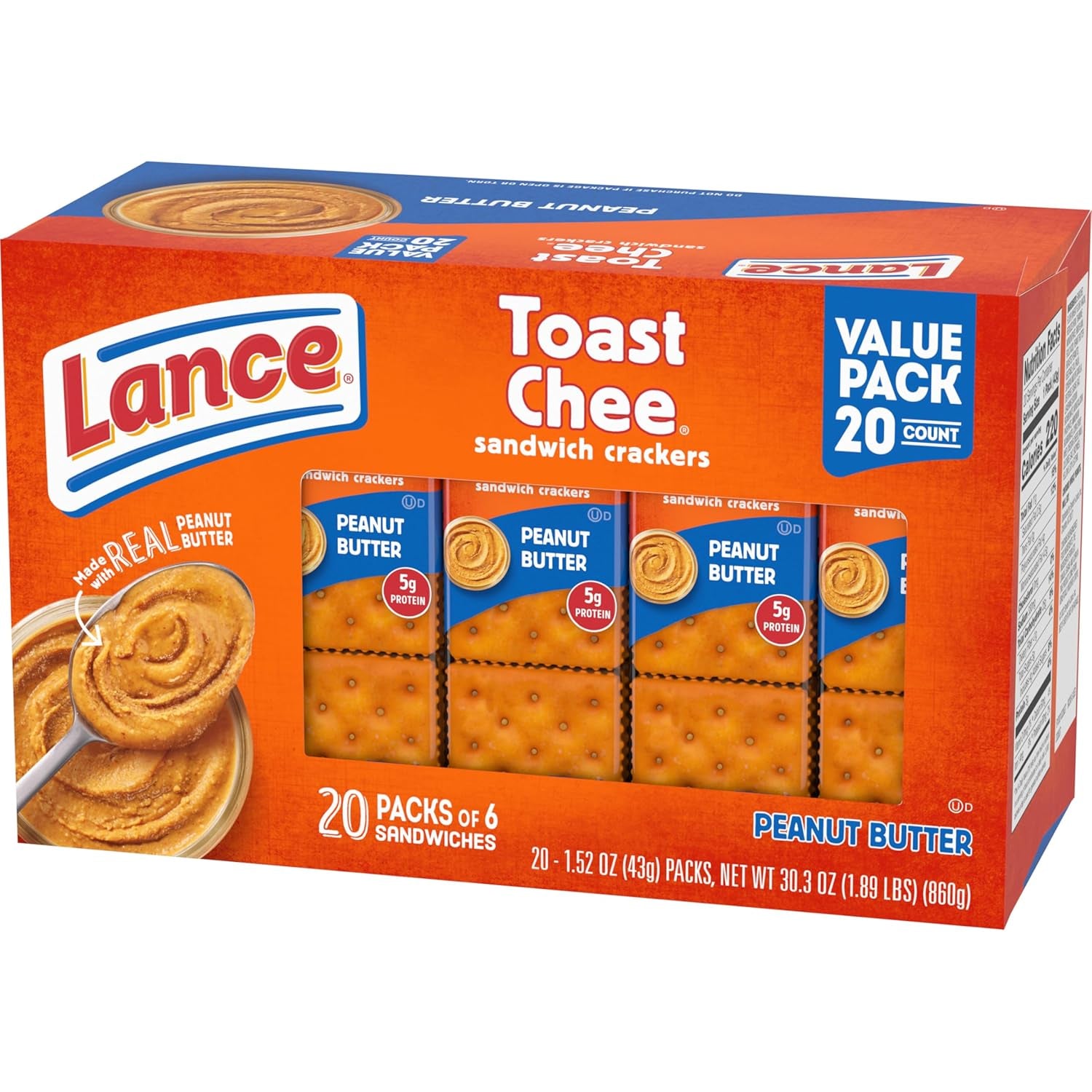 Lance Sandwich Crackers, Toastchee Peanut Butter, 20 Individually Wrapped Packs, 6 Sandwiches Each