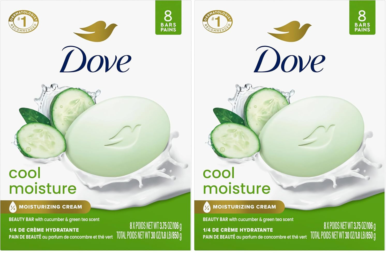 Dove Beauty Bar Soap Cool Moisture Cucumber & Green Tea Scent, 8 Bars for Refreshed Skin, Leaves Skin Refreshed 3.75 Oz