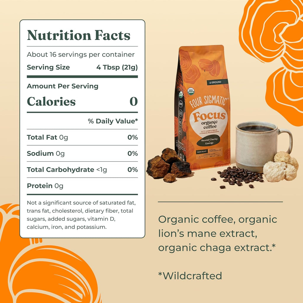 Four Sigmatic Organic Focus Mushroom Ground Coffee | Dark Roast, Organic Coffee with Lion'S Mane & Chaga Mushroom for Mental Clarity & Energy Support | 12Oz Bag