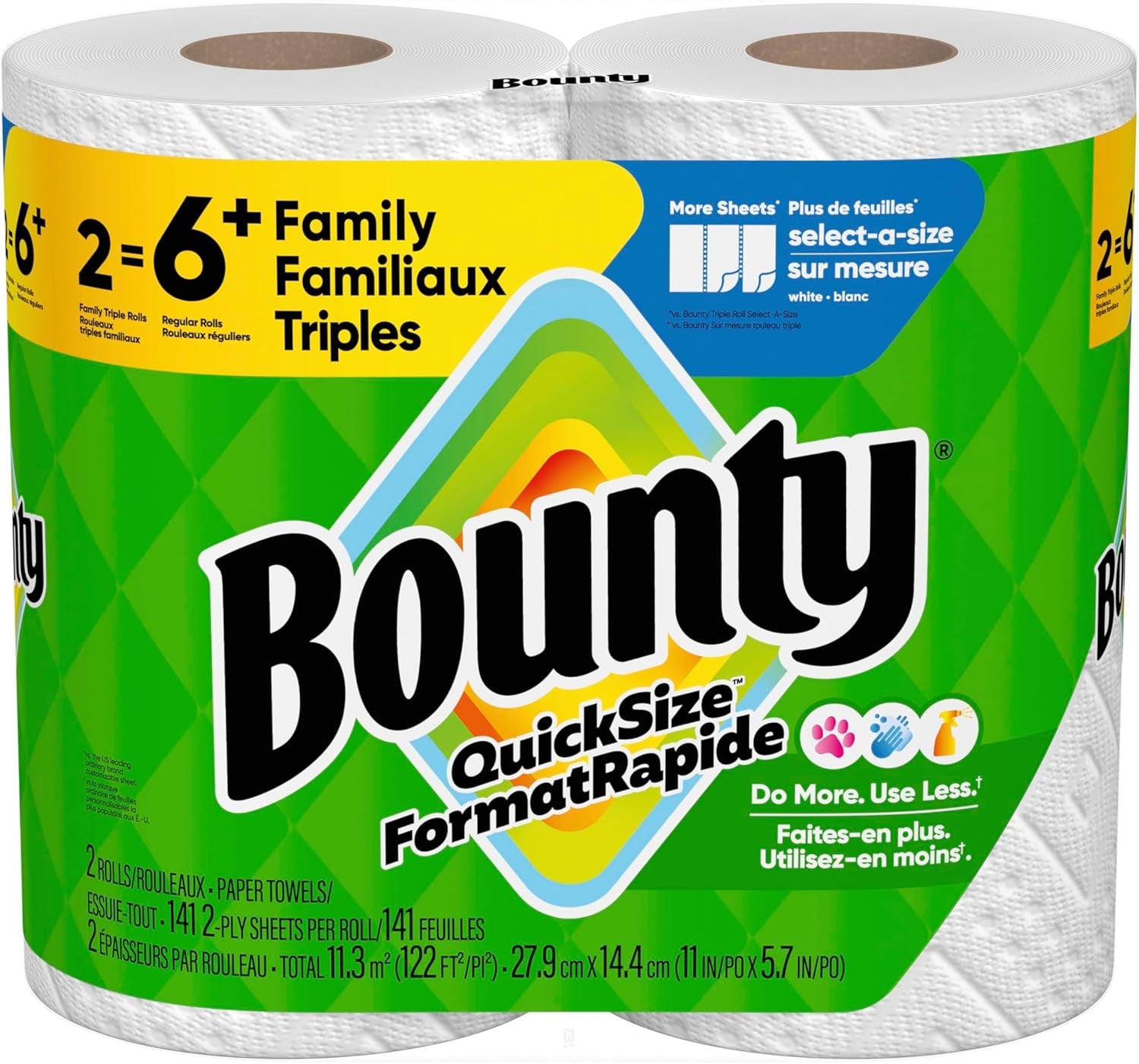 Paper Towels Quick Size, White, 2 Family Triple Rolls = 6+ Regular Rolls