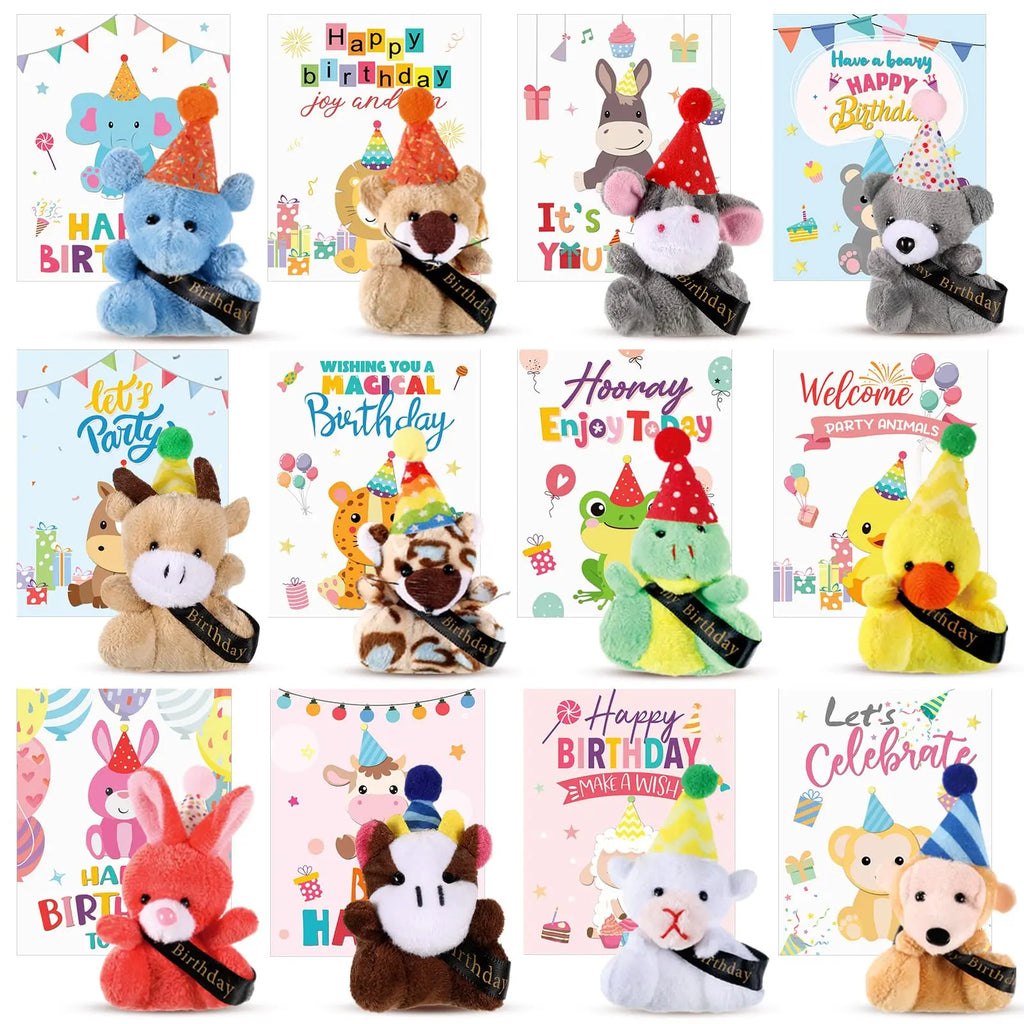 12/24 Sets Birthday Mini Plush Animals with Hats, Back to School Classroom Birthday Party Favors, Cute Stuffed Animal Goodie Bag Stuffers, Student Celebration Gifts, Classroom Rewards and School Party Supplies for Students, Friends and Teachers