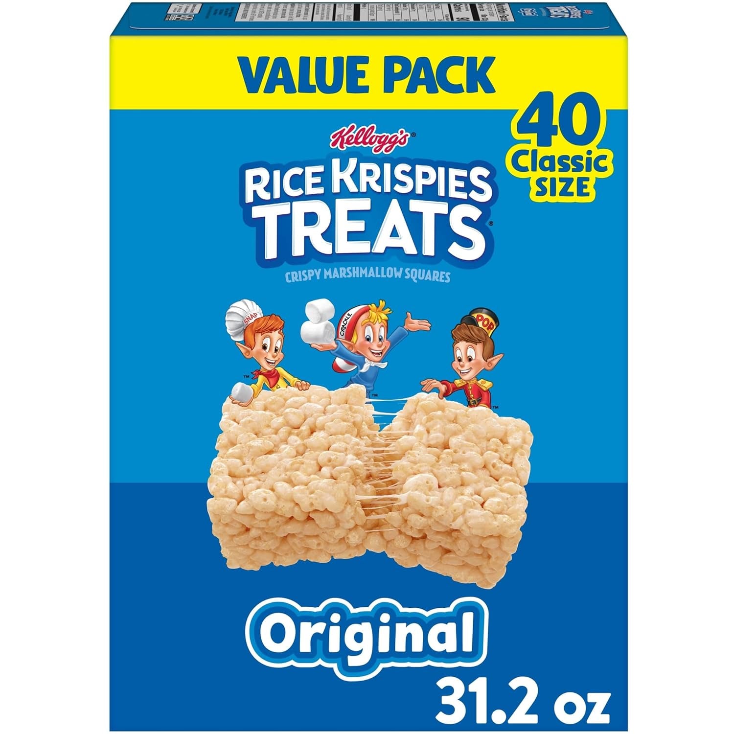 Rice Krispies Treats Crispy Marshmallow Squares, Kids Snacks, Cereal Bars, Original, 31.2Oz Box (40 Bars)