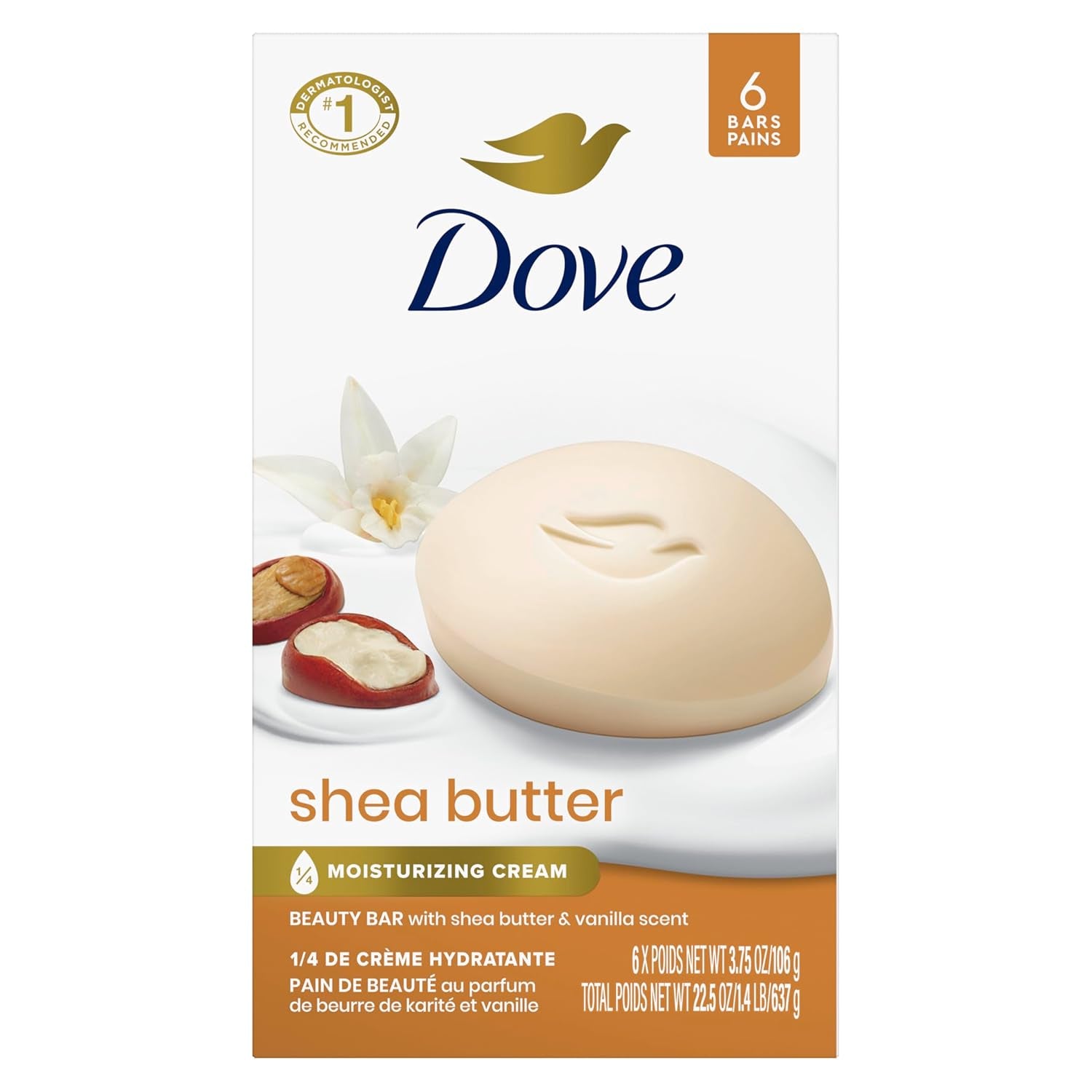 Dove Beauty Bar Soap Shea Butter, 8 Bars for Nourished, Radiant Skin, Enriches Skin 3.75 Oz