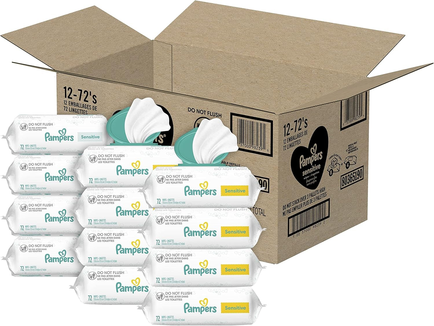 Pampers Sensitive Baby Wipes, Clinically Proven, Fragrance Free, Unscented, Water Based, Hypoallergenic, Multi-Use, Hand Wipes 1008 Wipes Total (18X Flip-Top Packs) [Packaging May Vary]