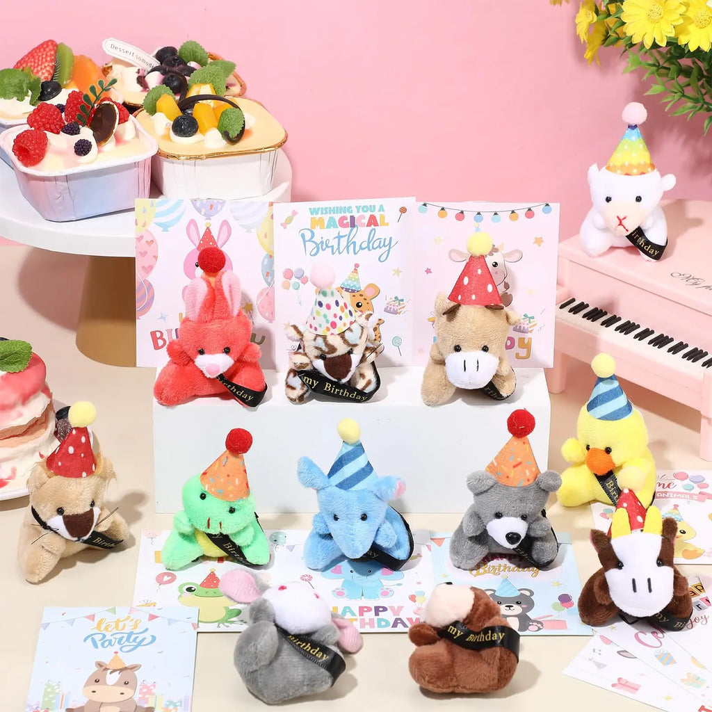 12/24 Sets Birthday Mini Plush Animals with Hats, Back to School Classroom Birthday Party Favors, Cute Stuffed Animal Goodie Bag Stuffers, Student Celebration Gifts, Classroom Rewards and School Party Supplies for Students, Friends and Teachers