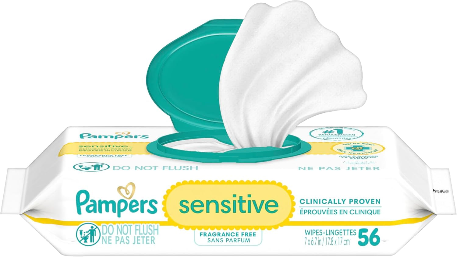 Pampers Sensitive Baby Wipes, Clinically Proven, Fragrance Free, Unscented, Water Based, Hypoallergenic, Multi-Use, Hand Wipes 1008 Wipes Total (18X Flip-Top Packs) [Packaging May Vary]