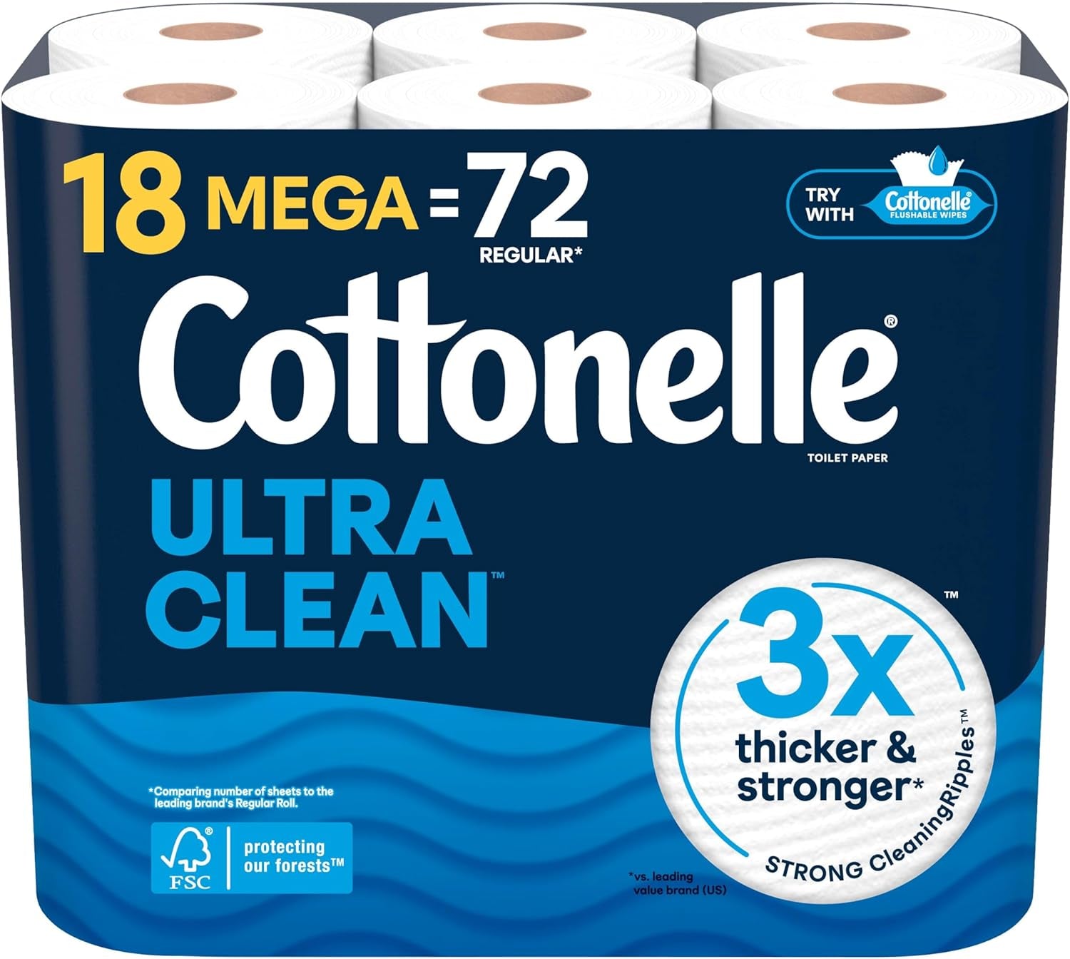 Cottonelle Ultra Clean Toilet Paper with Active Cleaningripples Texture, Strong Bath Tissue, 32 Family Mega Rolls = 176 Regular Rolls (8 Packs of 4)