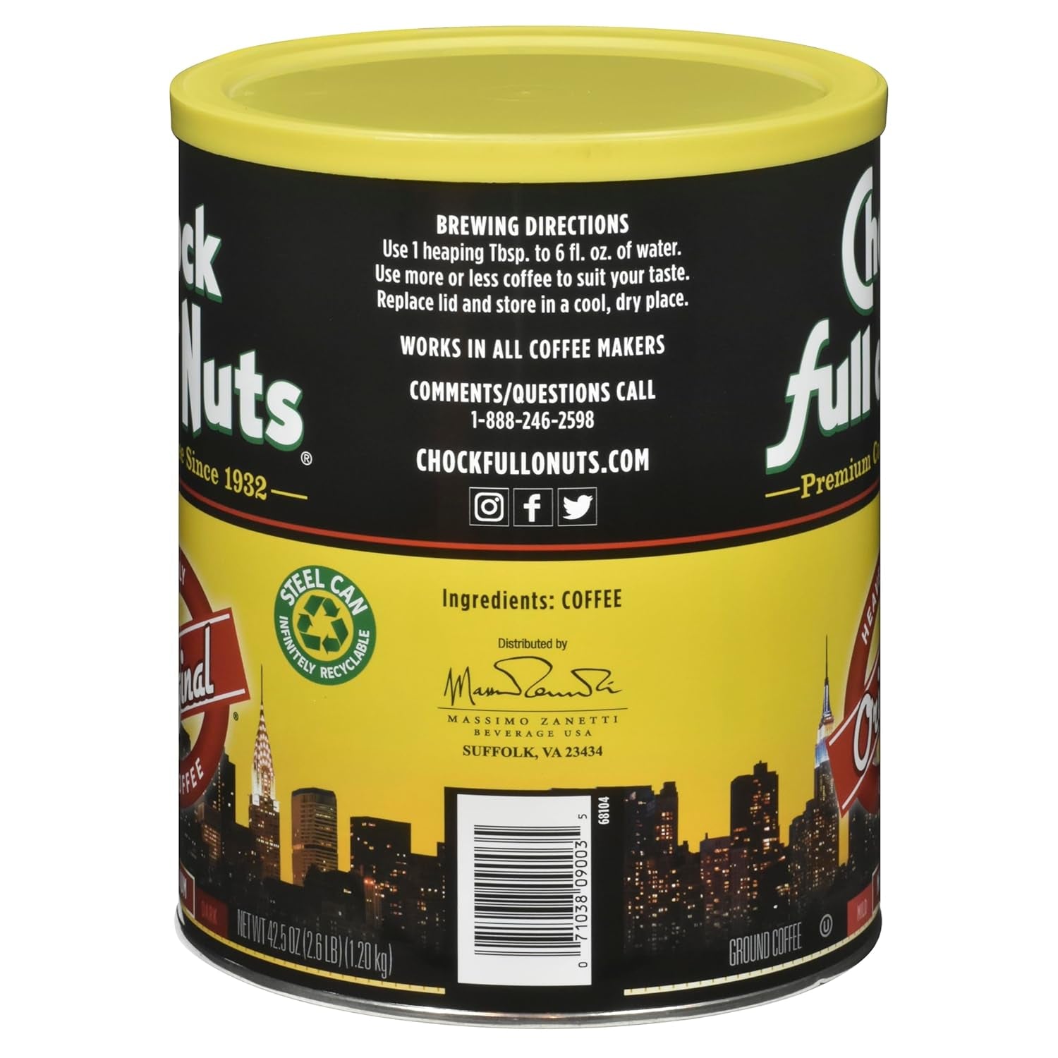 Chock Full O' Nuts Heavenly Original Ground Coffee – Premium Beans in Recyclable Steel Can – Rich Flavor & Aroma, Medium Roast – Perfect for Drip, Pour-Over, Percolator – 42.5 Oz Can