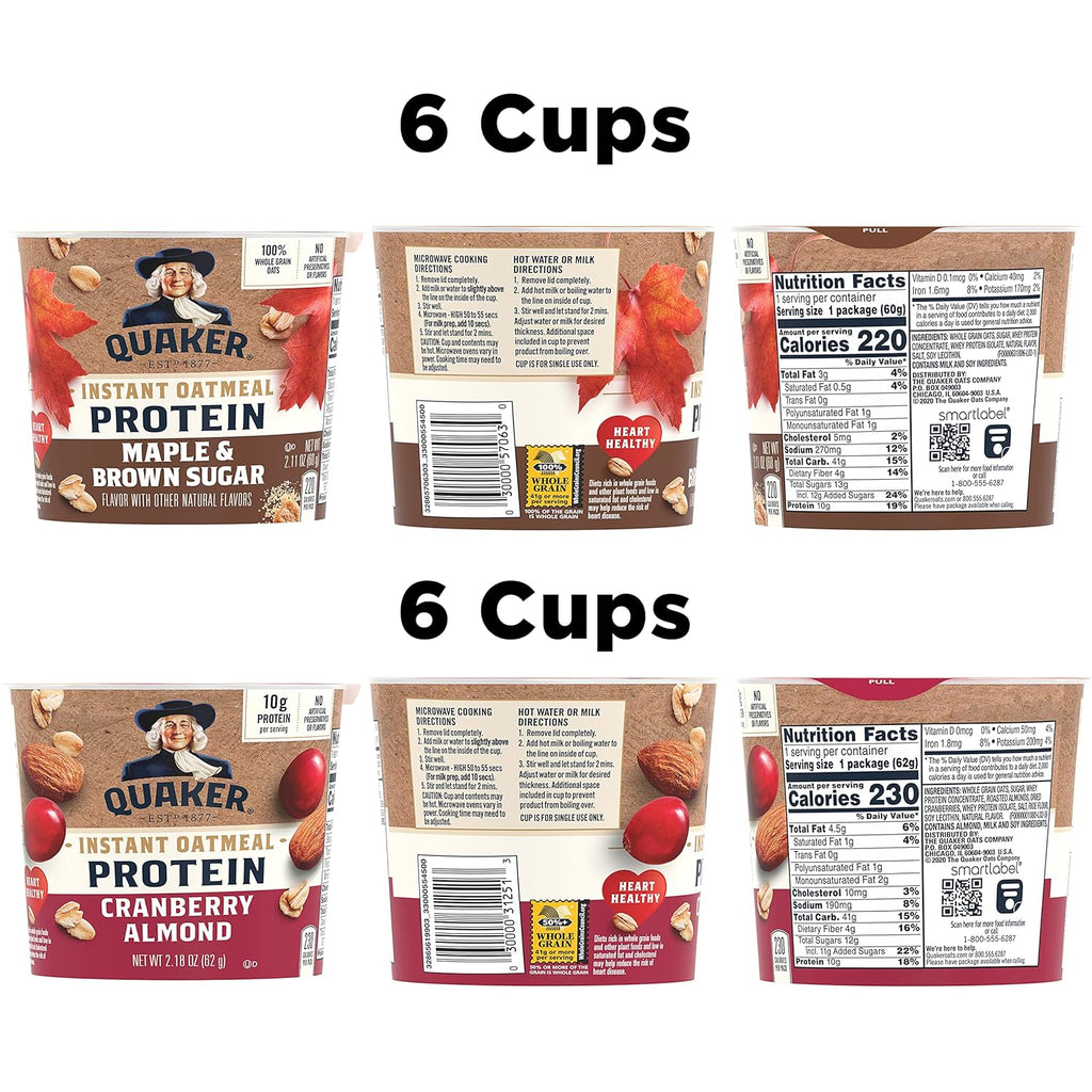 Quaker Instant Oatmeal Express Cups, 10G Protein 2 Flavor Variety Pack, (Pack of 12)