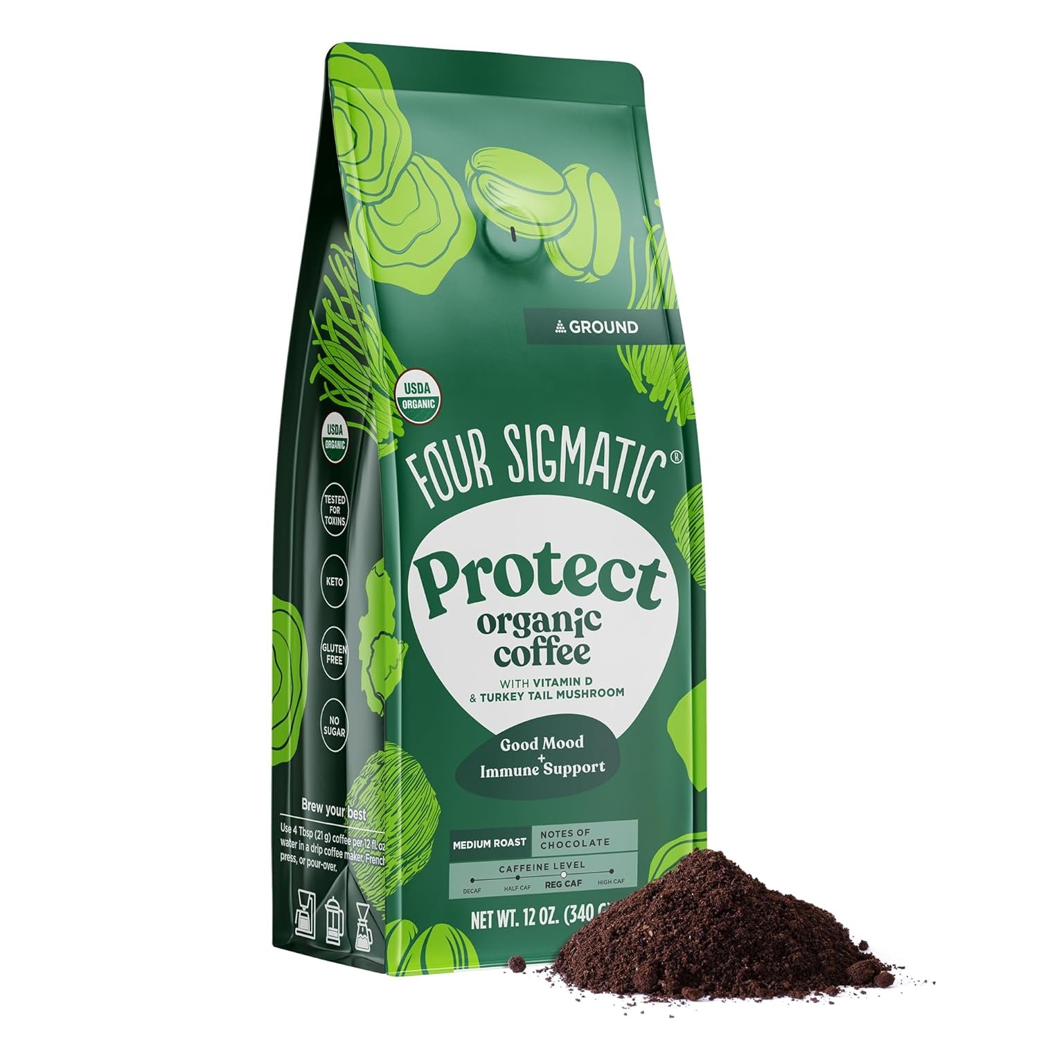 Four Sigmatic Organic Focus Mushroom Ground Coffee | Dark Roast, Organic Coffee with Lion'S Mane & Chaga Mushroom for Mental Clarity & Energy Support | 12Oz Bag