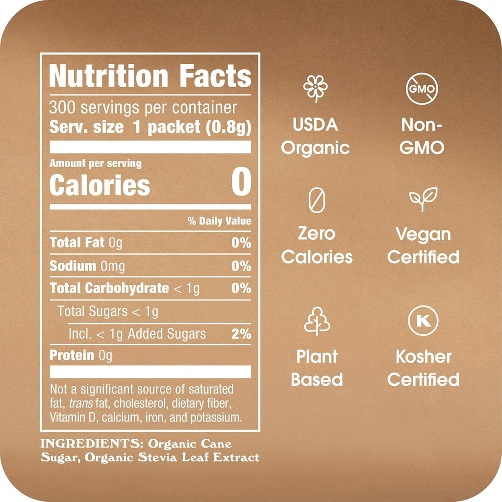 Stevia in the Raw Organic Stevia Sweetener Packets, 300 Ct, Zero Calorie Stevia Sugar Substitute Packets, No Erythritol or Artificial Flavors, USDA Organic, Non-Gmo Project Verified, Vegan
