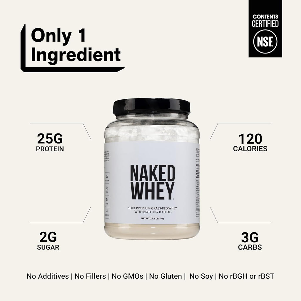 NAKED Whey 2LB 100% Grass Fed Whey Protein Powder - Only 1 Ingredient, Unflavored Whey Protein, NSF Certified, Undenatured, Gluten Free, Soy Free, No Gmos, No Preservatives