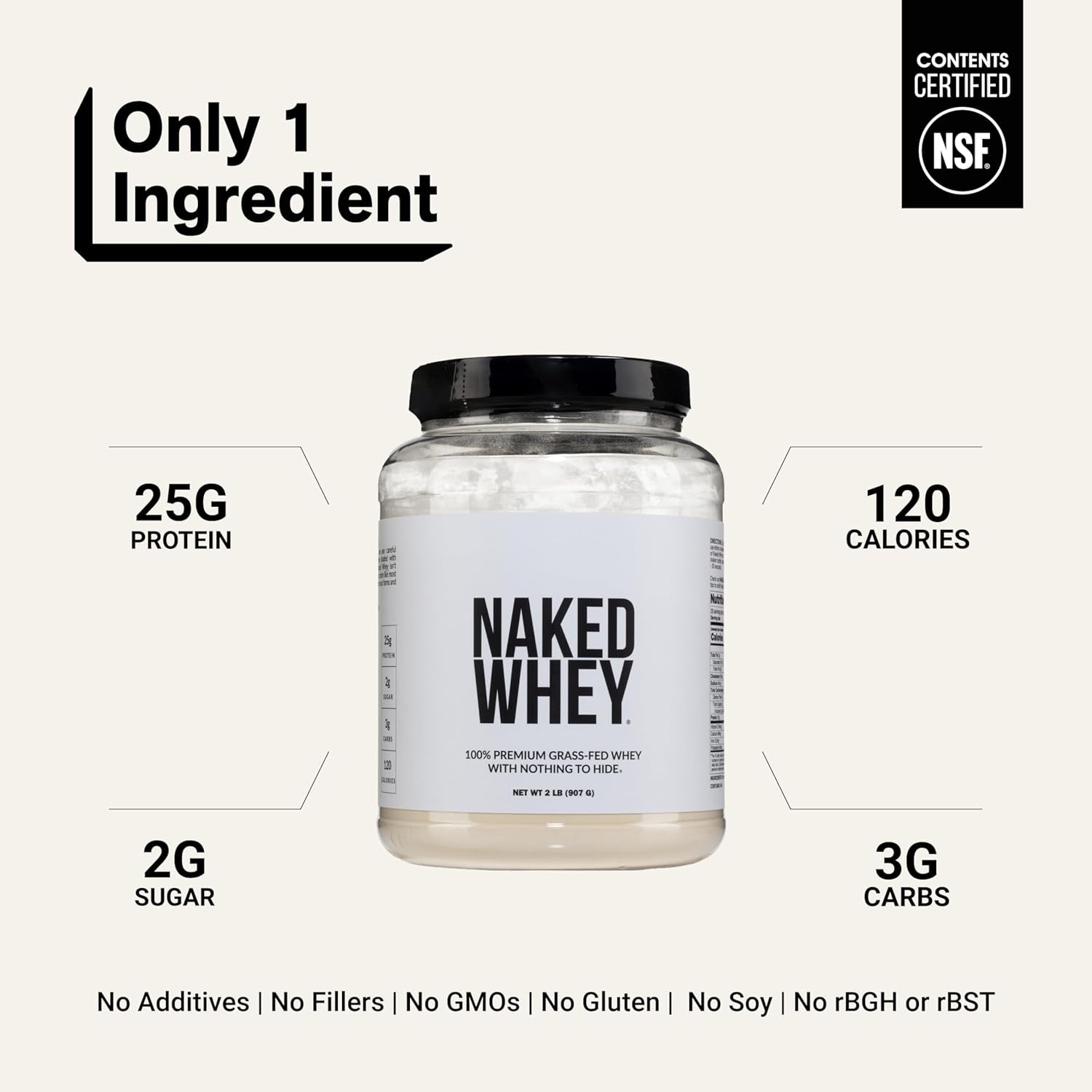 NAKED Whey 2LB 100% Grass Fed Whey Protein Powder - Only 1 Ingredient, Unflavored Whey Protein, NSF Certified, Undenatured, Gluten Free, Soy Free, No Gmos, No Preservatives