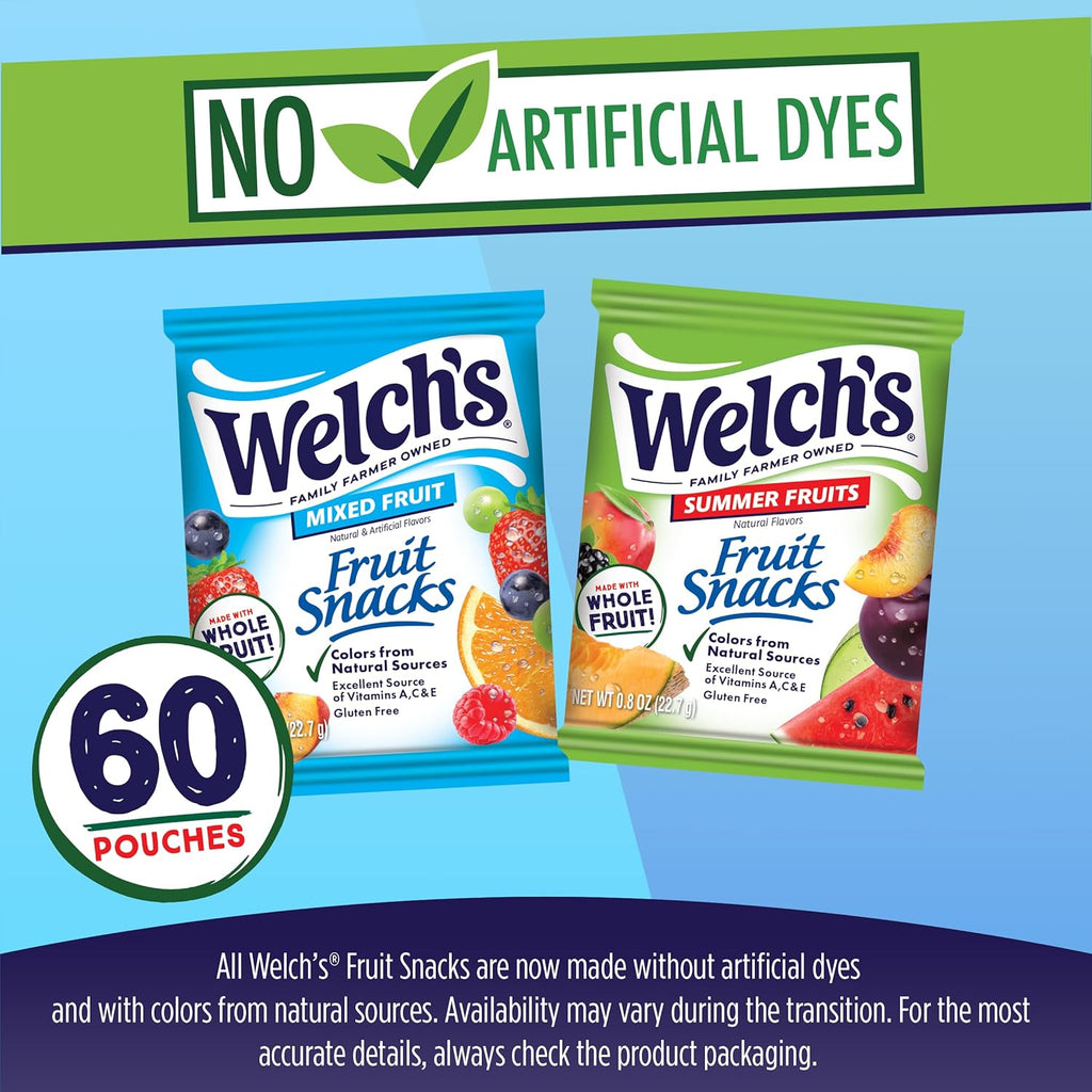 Welch'S Fruit Snacks, Mixed Fruit & Summer Fruits Snack Box, Gluten Free, 0.8Oz Snack Packs (Pack of 60)