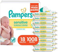 Pampers Sensitive Baby Wipes, Clinically Proven, Fragrance Free, Unscented, Water Based, Hypoallergenic, Multi-Use, Hand Wipes 1008 Wipes Total (18X Flip-Top Packs) [Packaging May Vary]