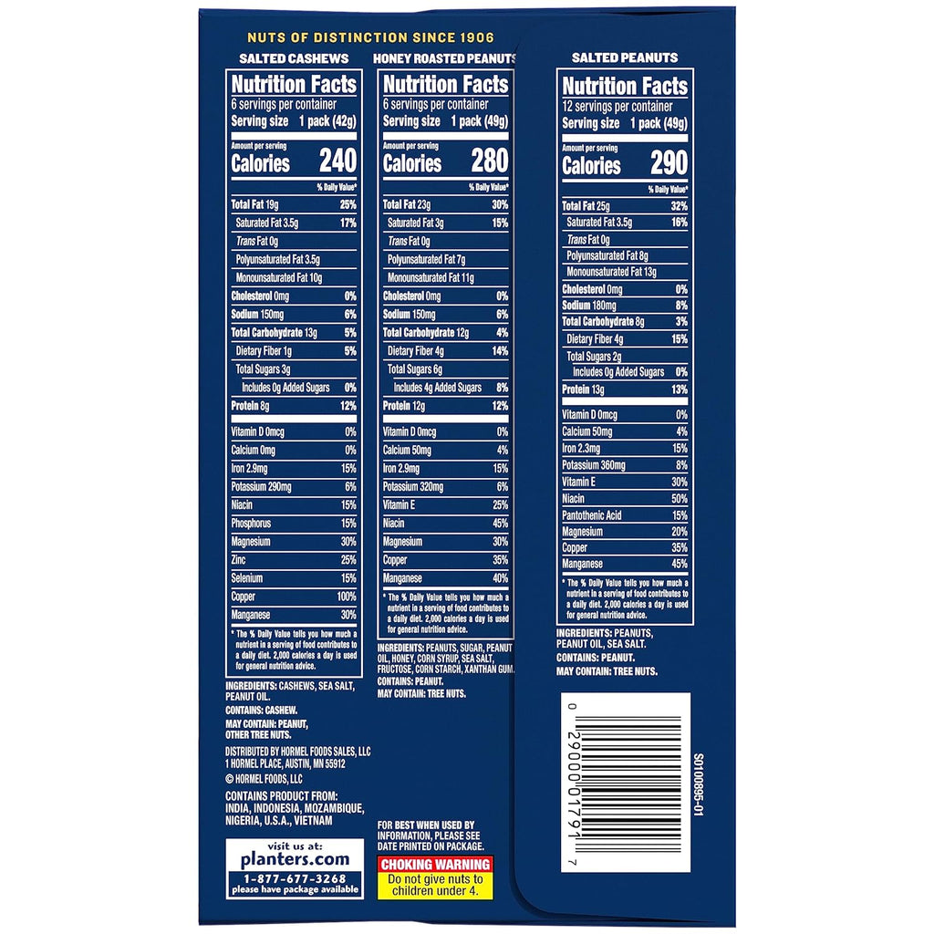 PLANTERS Variety Pack, Salted Cashews, Salted Peanuts & Honey Roasted Peanuts, On-The-Go Nut Snacks, Individually Packed Snacks, 8 -13G (12% - 13% DV) Plant-Based Protein (36 Count)