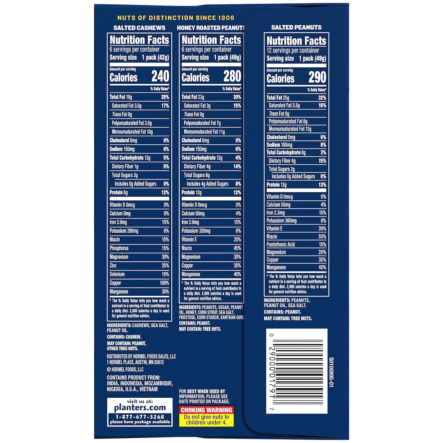 PLANTERS Variety Pack, Salted Cashews, Salted Peanuts & Honey Roasted Peanuts, On-The-Go Nut Snacks, Individually Packed Snacks, 8 -13G (12% - 13% DV) Plant-Based Protein (36 Count)