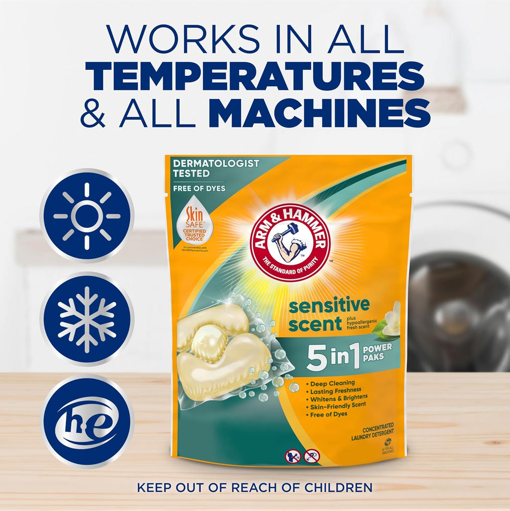 ARM & HAMMER Sensitive Skin Laundry Detergent with Hypoallergenic Fresh Scent, 5-IN-1 Power Paks, 42 Ct