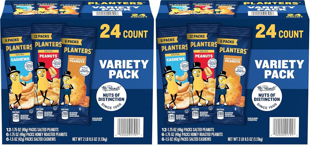 PLANTERS Variety Pack, Salted Cashews, Salted Peanuts & Honey Roasted Peanuts, On-The-Go Nut Snacks, Individually Packed Snacks, 8 -13G (12% - 13% DV) Plant-Based Protein (36 Count)