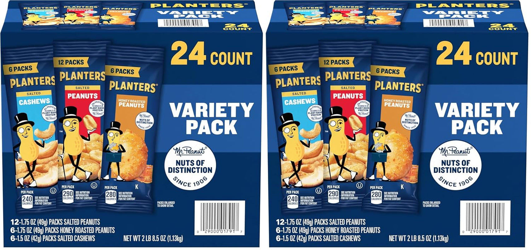 PLANTERS Variety Pack, Salted Cashews, Salted Peanuts & Honey Roasted Peanuts, On-The-Go Nut Snacks, Individually Packed Snacks, 8 -13G (12% - 13% DV) Plant-Based Protein (36 Count)