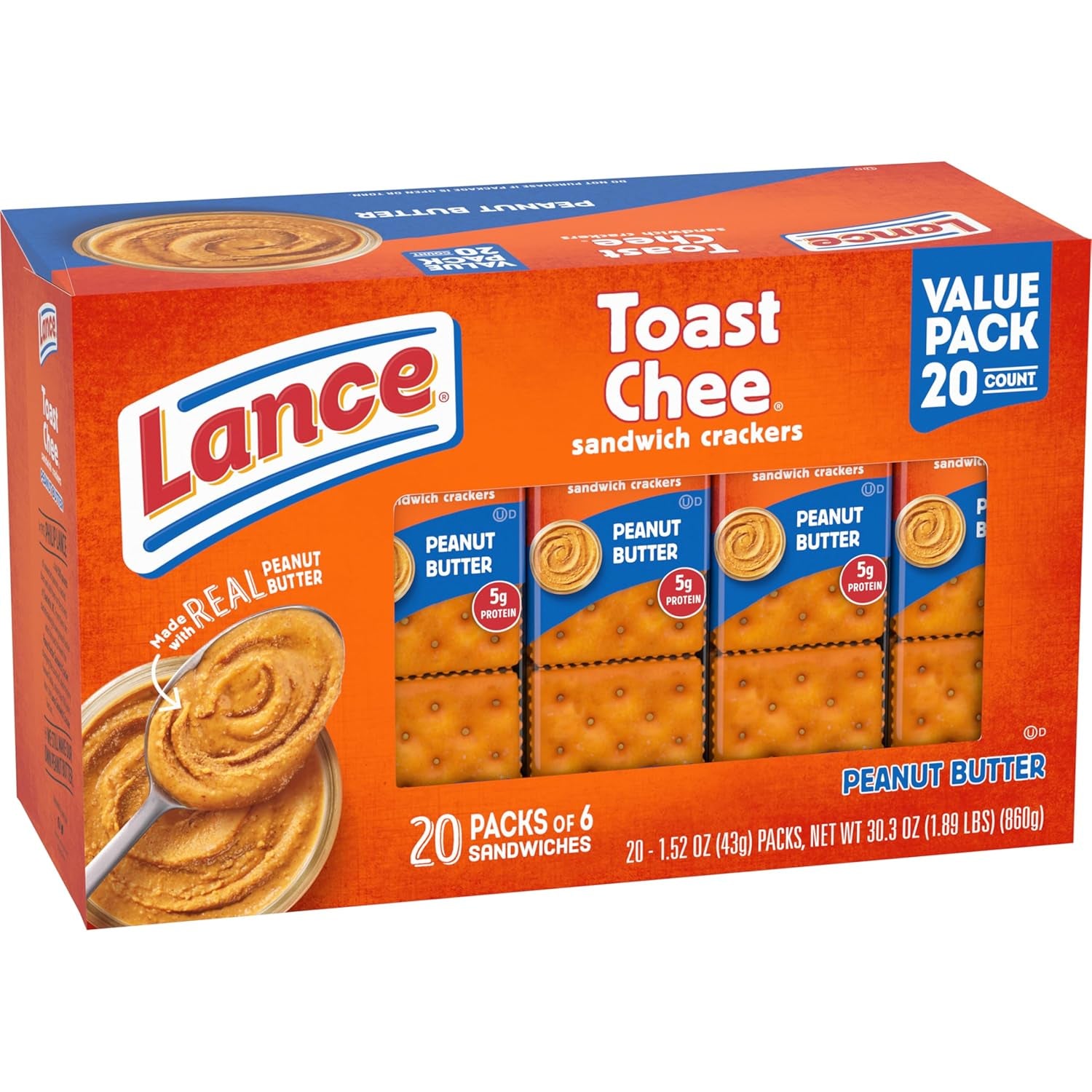 Lance Sandwich Crackers, Toastchee Peanut Butter, 20 Individually Wrapped Packs, 6 Sandwiches Each