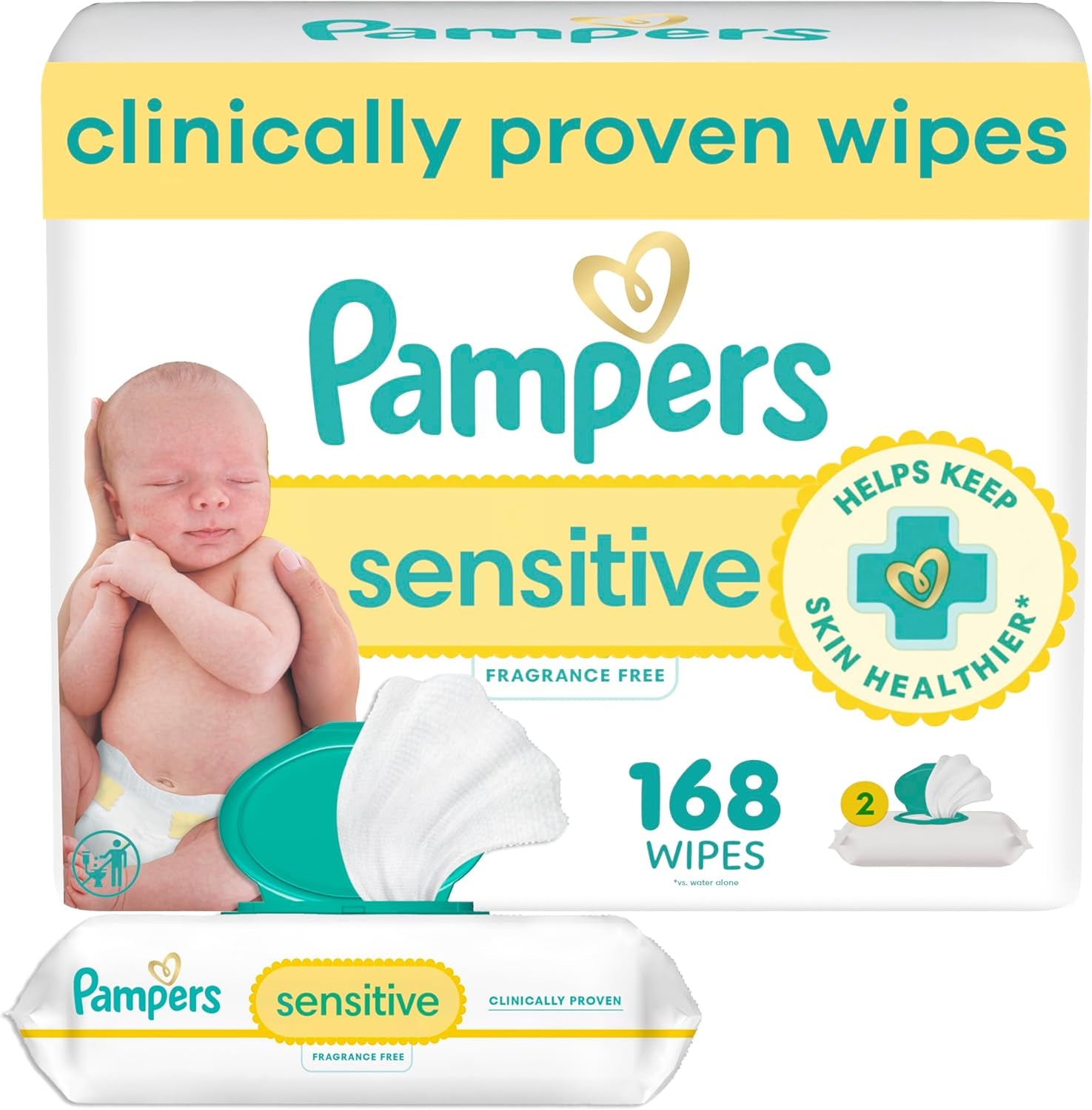 Pampers Sensitive Baby Wipes, Clinically Proven, Fragrance Free, Unscented, Water Based, Hypoallergenic, Multi-Use, Hand Wipes 1008 Wipes Total (18X Flip-Top Packs) [Packaging May Vary]