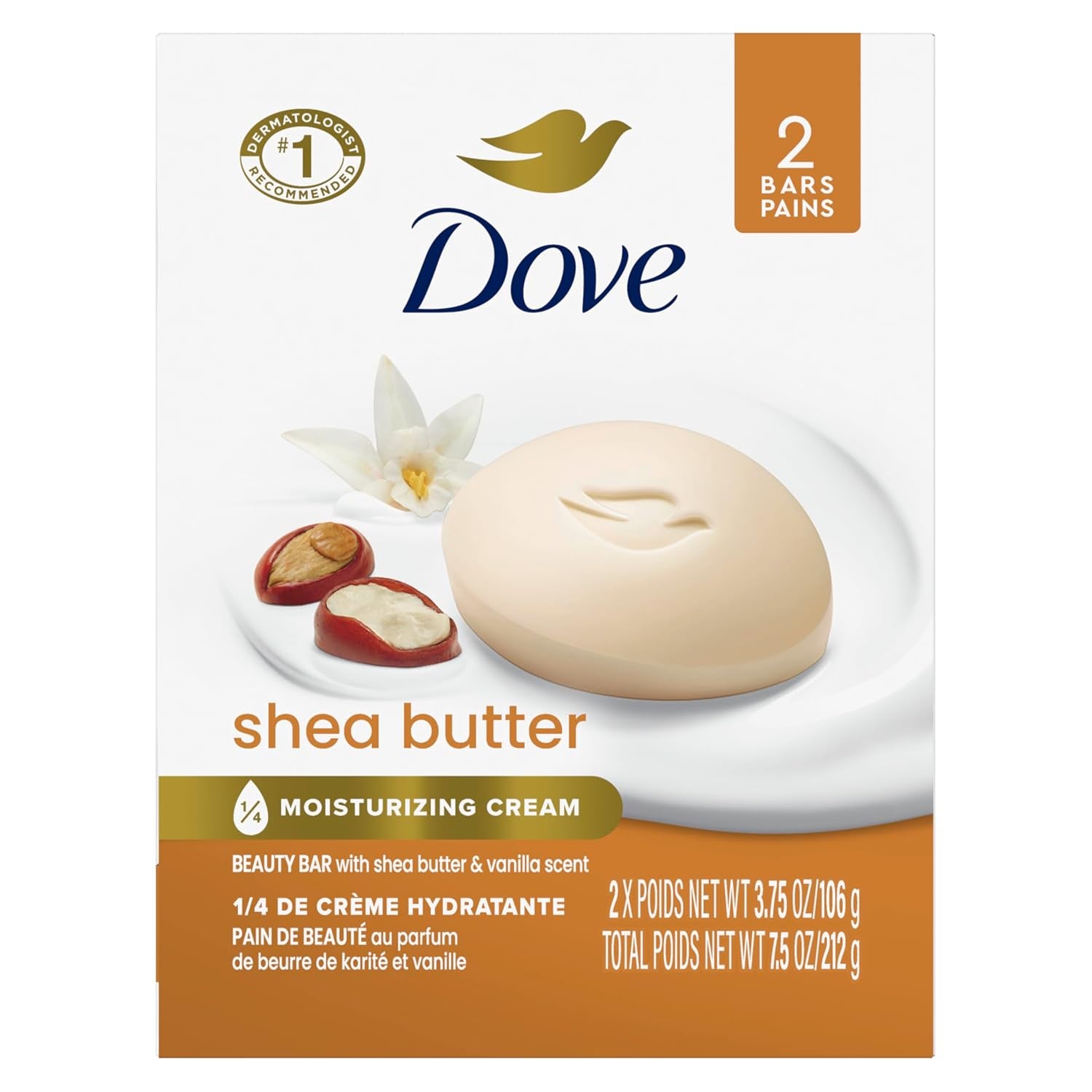 Dove Beauty Bar Soap Shea Butter, 8 Bars for Nourished, Radiant Skin, Enriches Skin 3.75 Oz