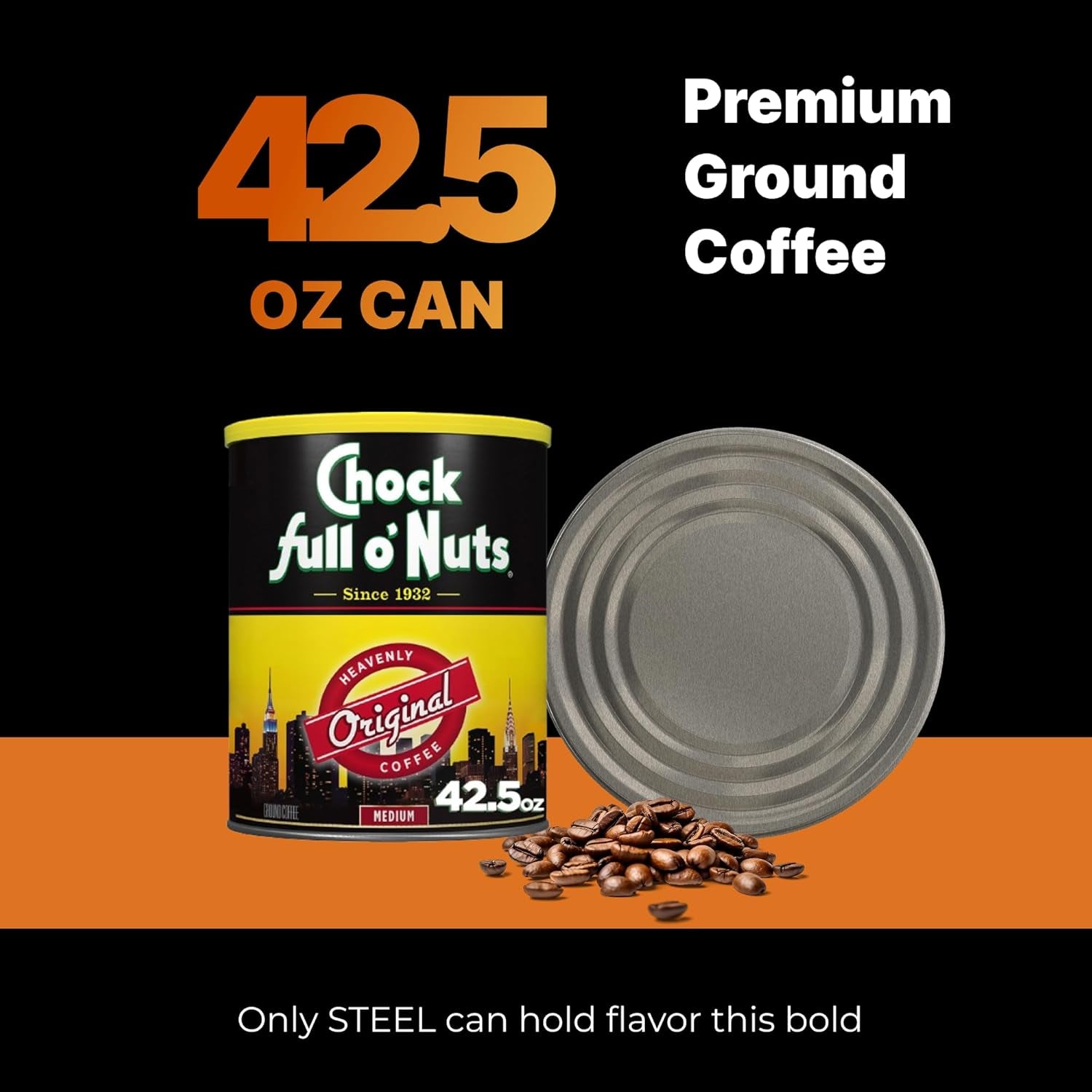 Chock Full O' Nuts Heavenly Original Ground Coffee – Premium Beans in Recyclable Steel Can – Rich Flavor & Aroma, Medium Roast – Perfect for Drip, Pour-Over, Percolator – 42.5 Oz Can