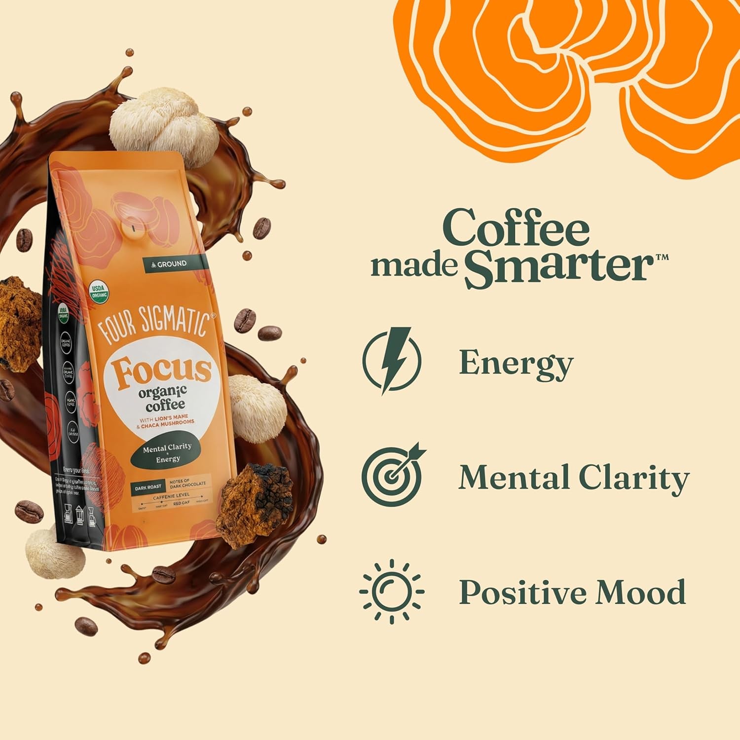 Four Sigmatic Organic Focus Mushroom Ground Coffee | Dark Roast, Organic Coffee with Lion'S Mane & Chaga Mushroom for Mental Clarity & Energy Support | 12Oz Bag