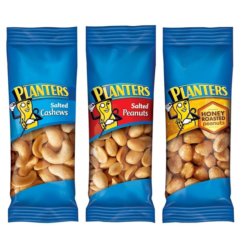 PLANTERS Variety Pack, Salted Cashews, Salted Peanuts & Honey Roasted Peanuts, On-The-Go Nut Snacks, Individually Packed Snacks, 8 -13G (12% - 13% DV) Plant-Based Protein (36 Count)