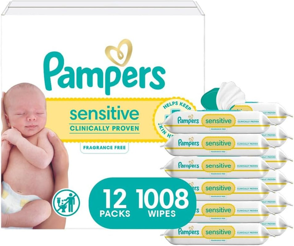 Pampers Sensitive Baby Wipes, Clinically Proven, Fragrance Free, Unscented, Water Based, Hypoallergenic, Multi-Use, Hand Wipes 1008 Wipes Total (18X Flip-Top Packs) [Packaging May Vary]