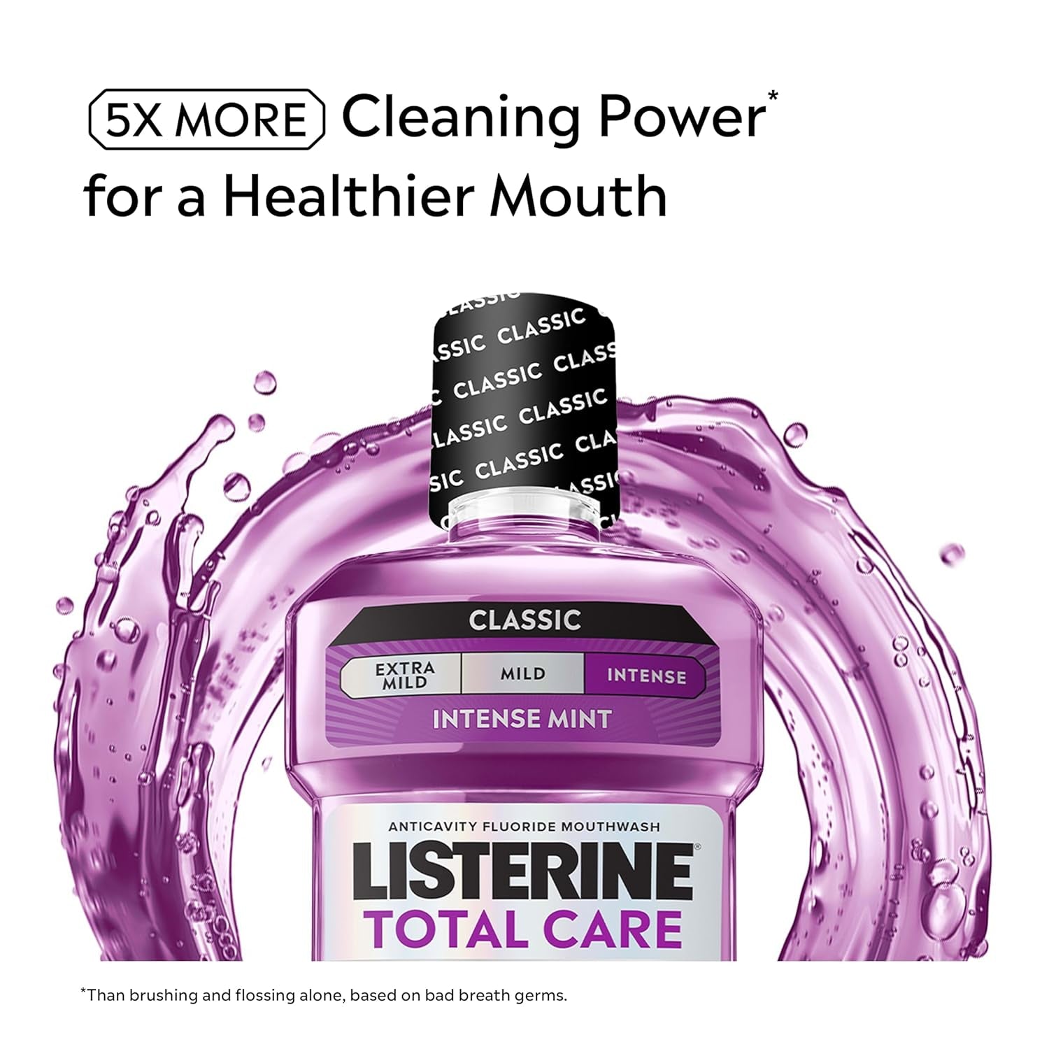 Listerine Mouthwash Total Care anti Cavity Treatment for Adults Kills 99.9% of Bad Breath Germs in Intense Mint Antibacterial Fluoride Mouthwash, 2 Pack of 33.8 Fl Oz​