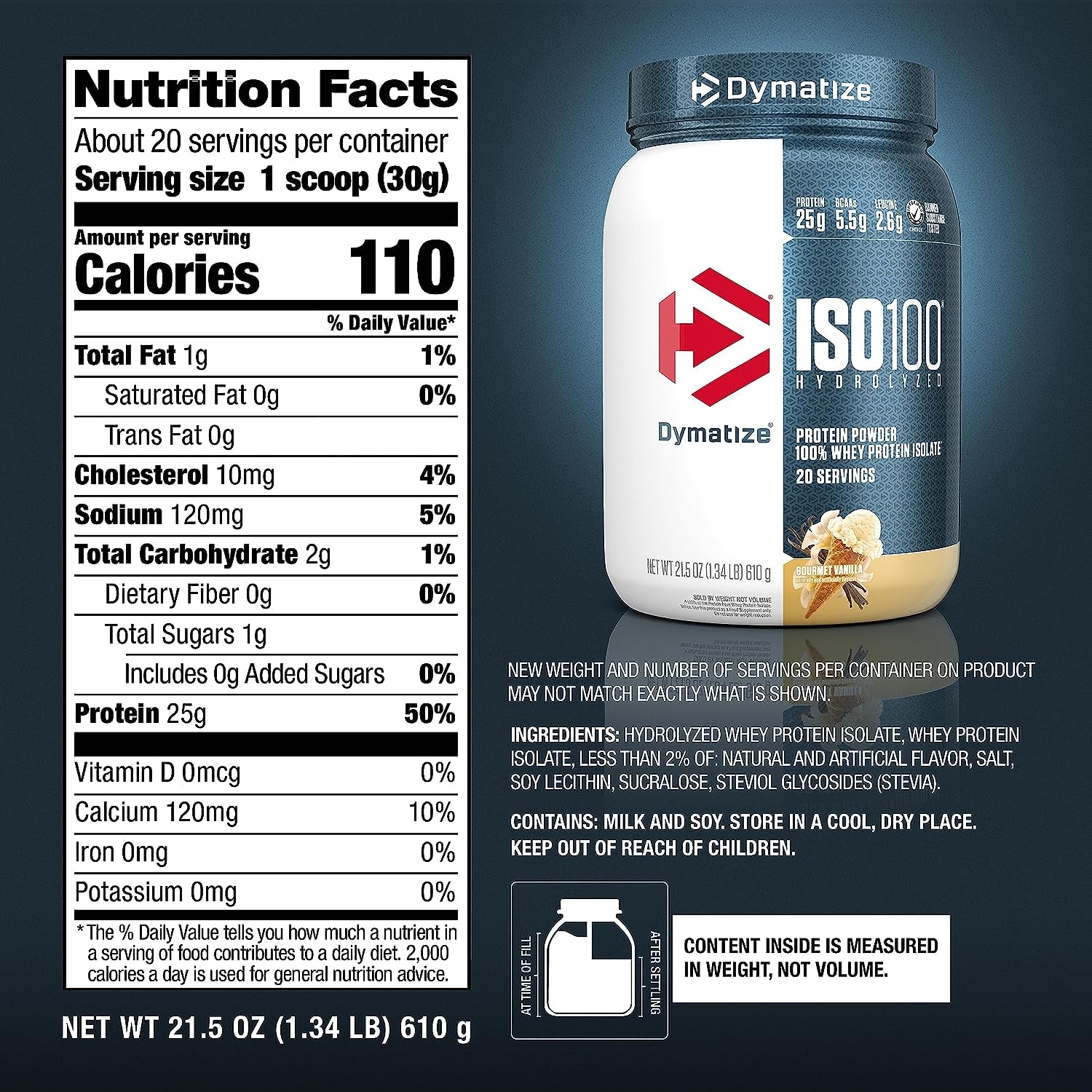 Dymatize ISO100 Whey Protein Powder Isolate, Gourmet Vanilla, 25G of Protein, 5.5G Bcaas, Less than 120 Cal., Gluten Free, 1G Fat, 1G Sugar, 2G Carb (20 Servings)
