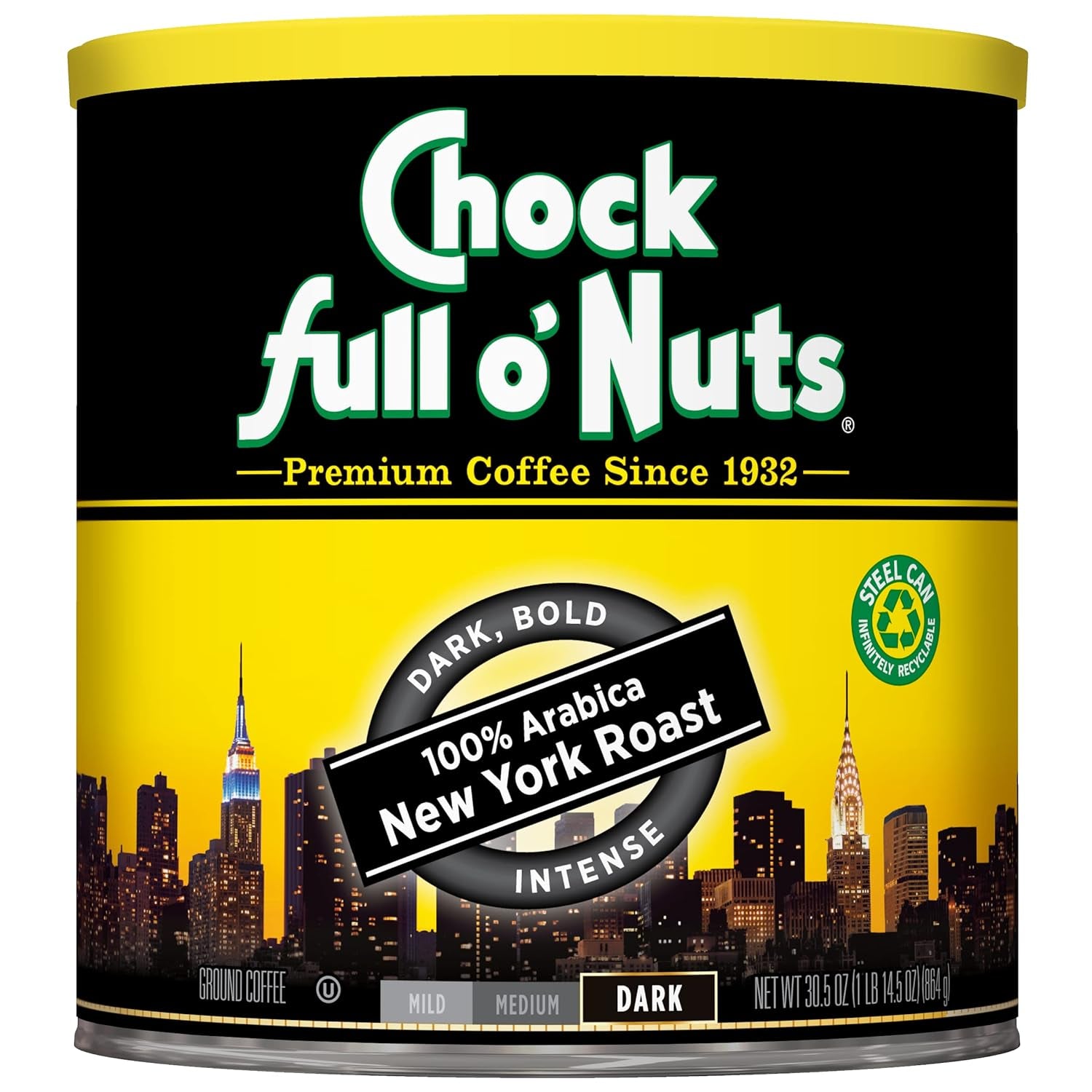 Chock Full O' Nuts Heavenly Original Ground Coffee – Premium Beans in Recyclable Steel Can – Rich Flavor & Aroma, Medium Roast – Perfect for Drip, Pour-Over, Percolator – 42.5 Oz Can