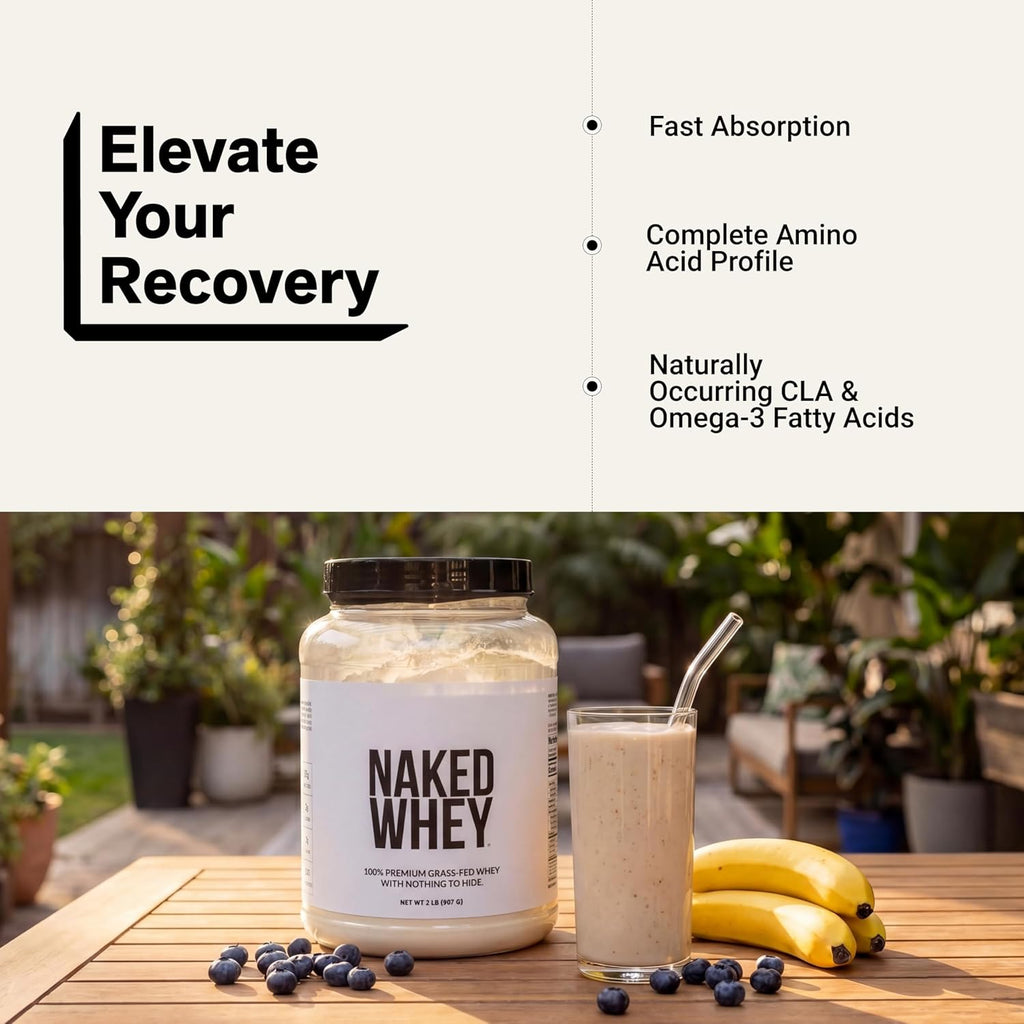 NAKED Whey 2LB 100% Grass Fed Whey Protein Powder - Only 1 Ingredient, Unflavored Whey Protein, NSF Certified, Undenatured, Gluten Free, Soy Free, No Gmos, No Preservatives