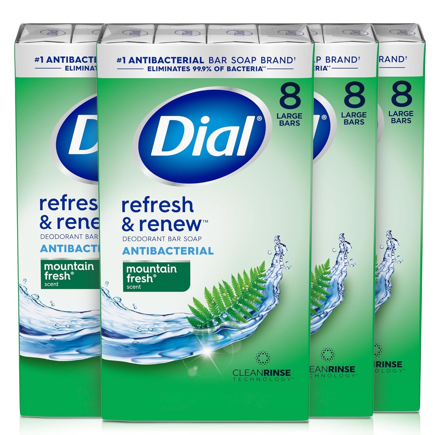 Dial Antibacterial Bar Soap, Refresh & Renew, White, 4 Oz, 32 Bars