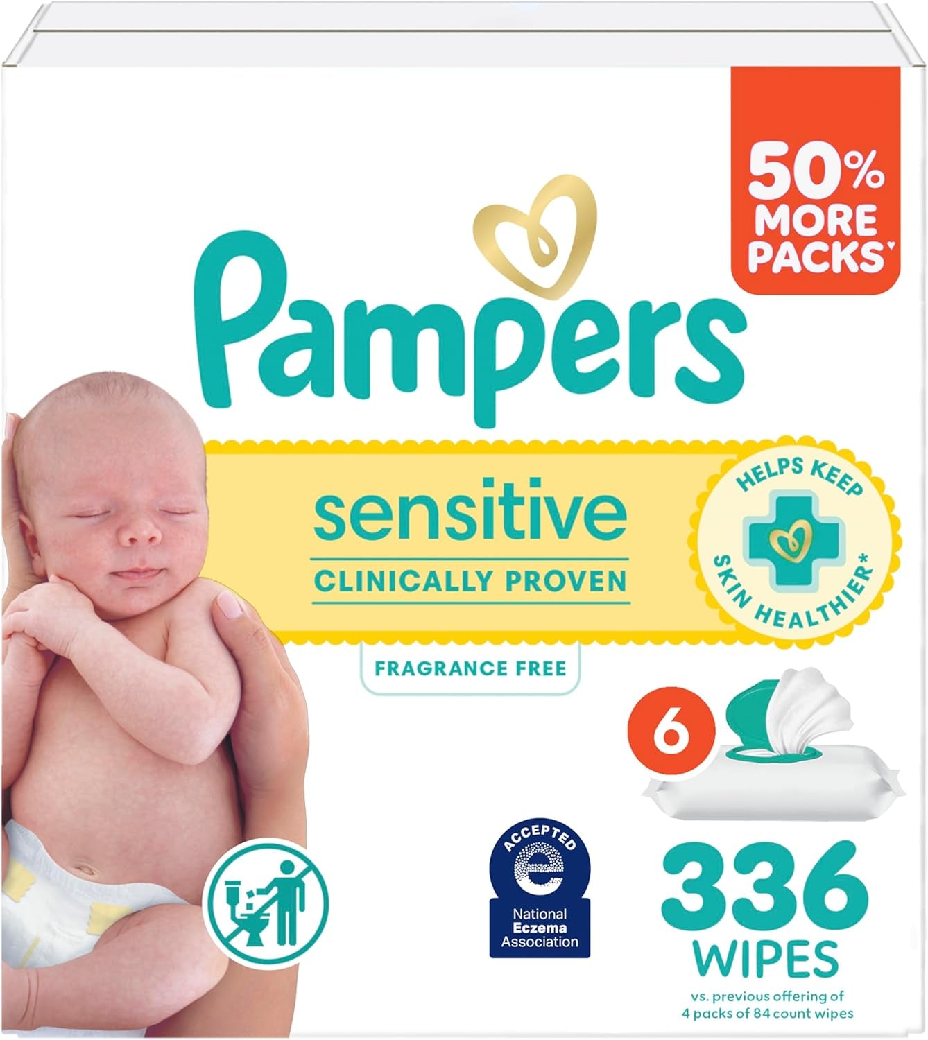 Pampers Sensitive Baby Wipes, Clinically Proven, Fragrance Free, Unscented, Water Based, Hypoallergenic, Multi-Use, Hand Wipes 1008 Wipes Total (18X Flip-Top Packs) [Packaging May Vary]
